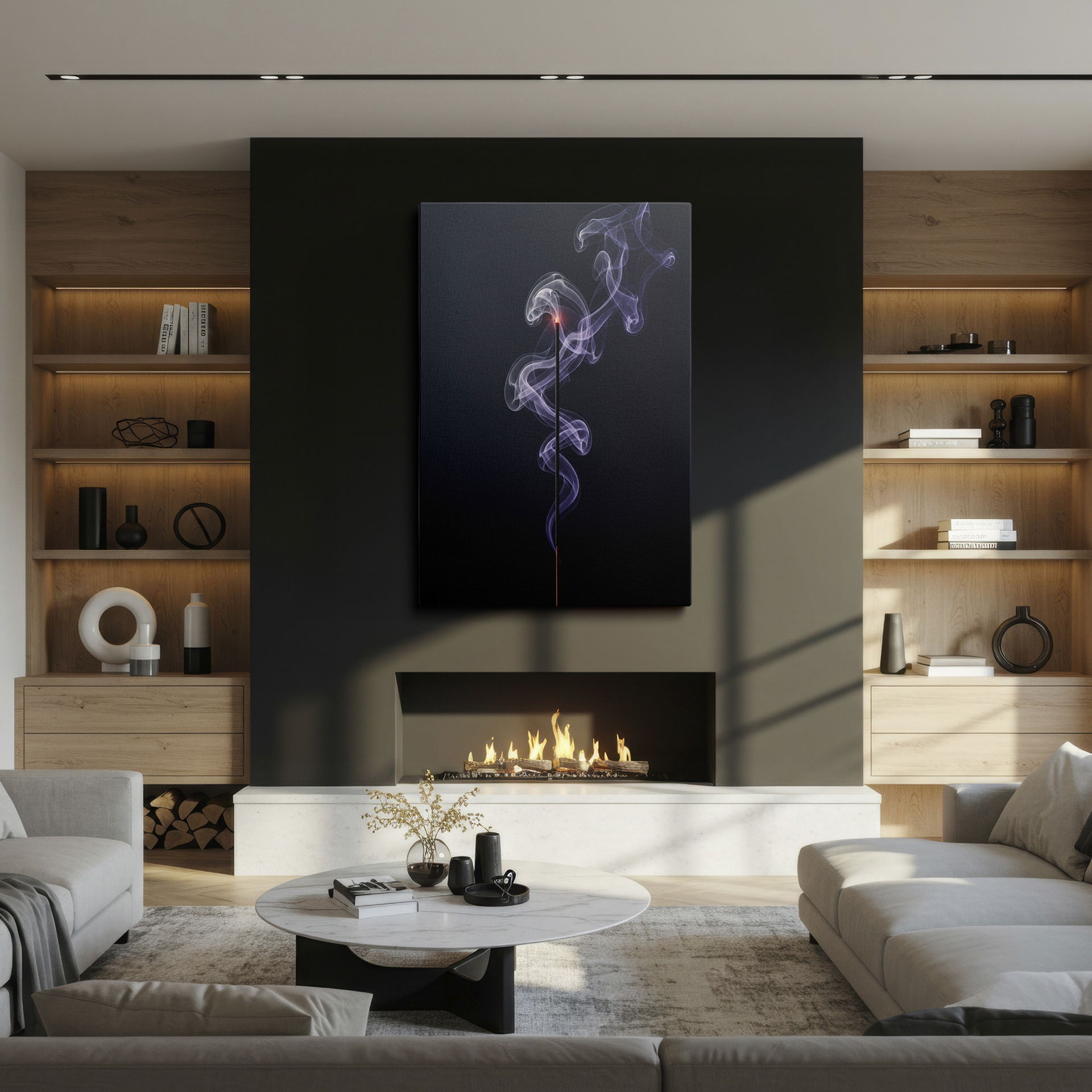 Mesmerizing wall art of an incense stick releasing delicate curls of aromatic smoke.