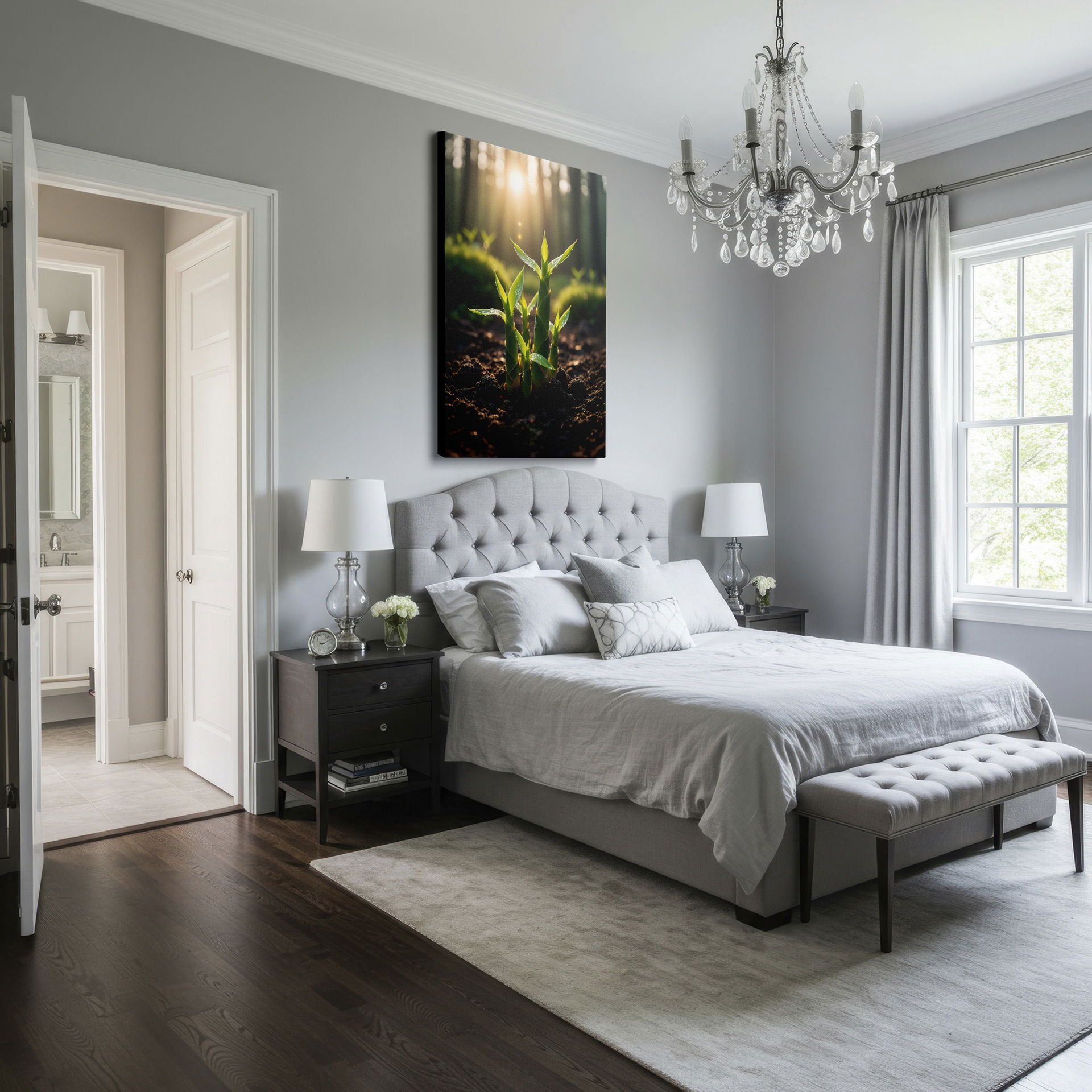 Elegant wall art showcasing fresh green bamboo shoots, their leaves glistening with water droplets, set against a sunlit forest backdrop.