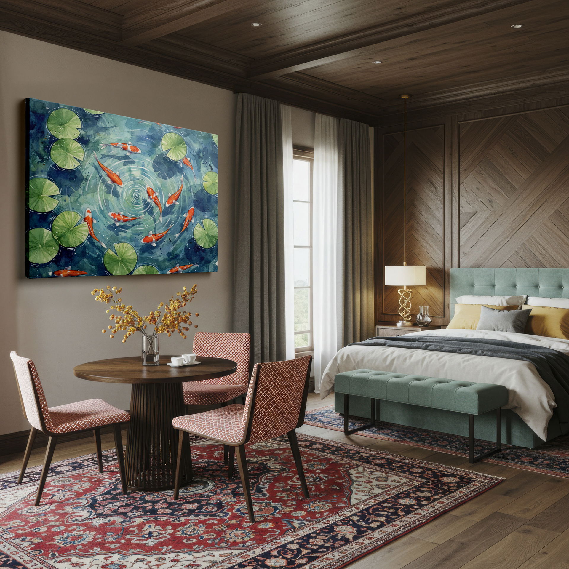 Artistic watercolor rendition of koi fish swimming in a serene pond, displayed as wall decor.