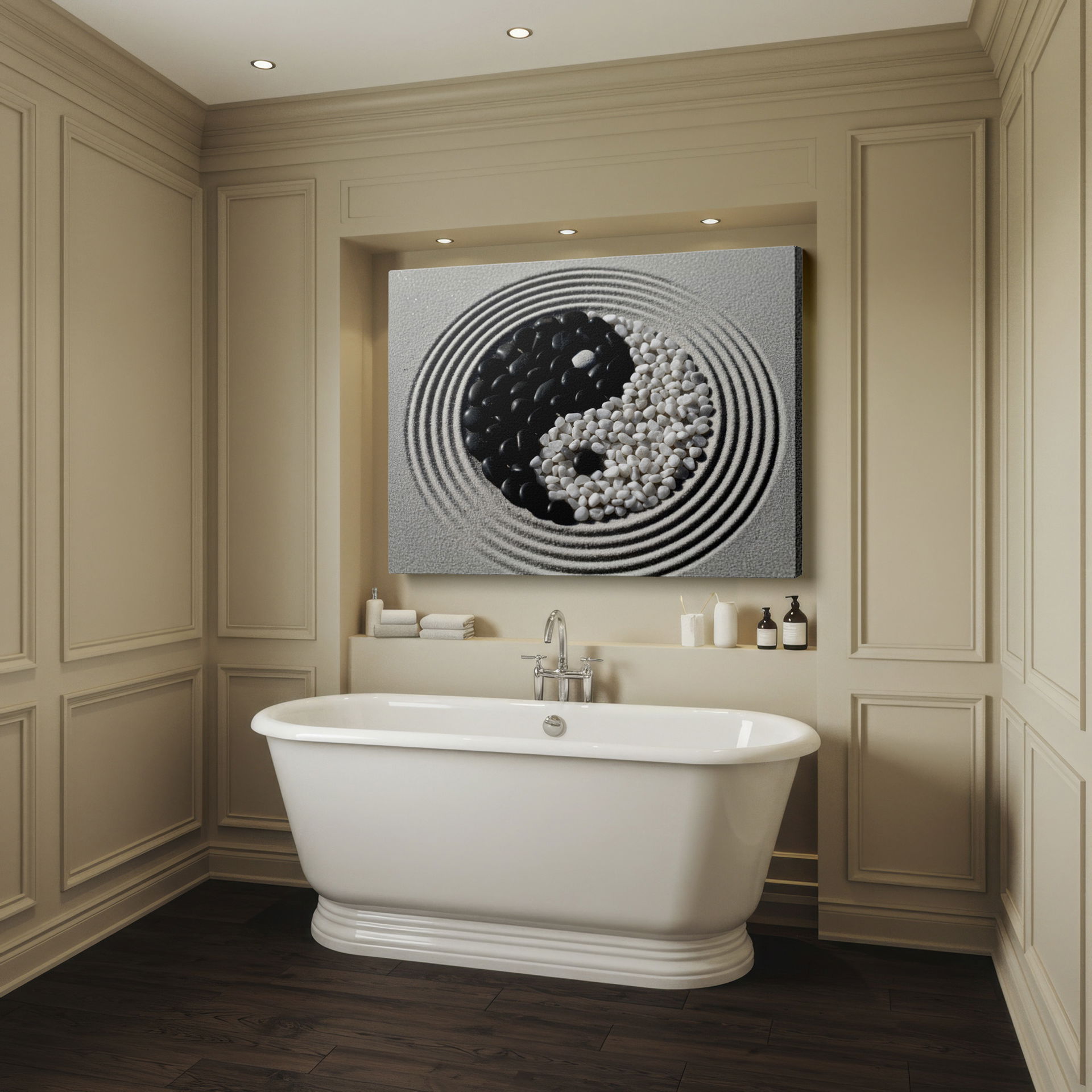 Yin Yang stone arrangement creating a balanced visual in a high-quality Wrapped Canvas print, ideal for meditation spaces.