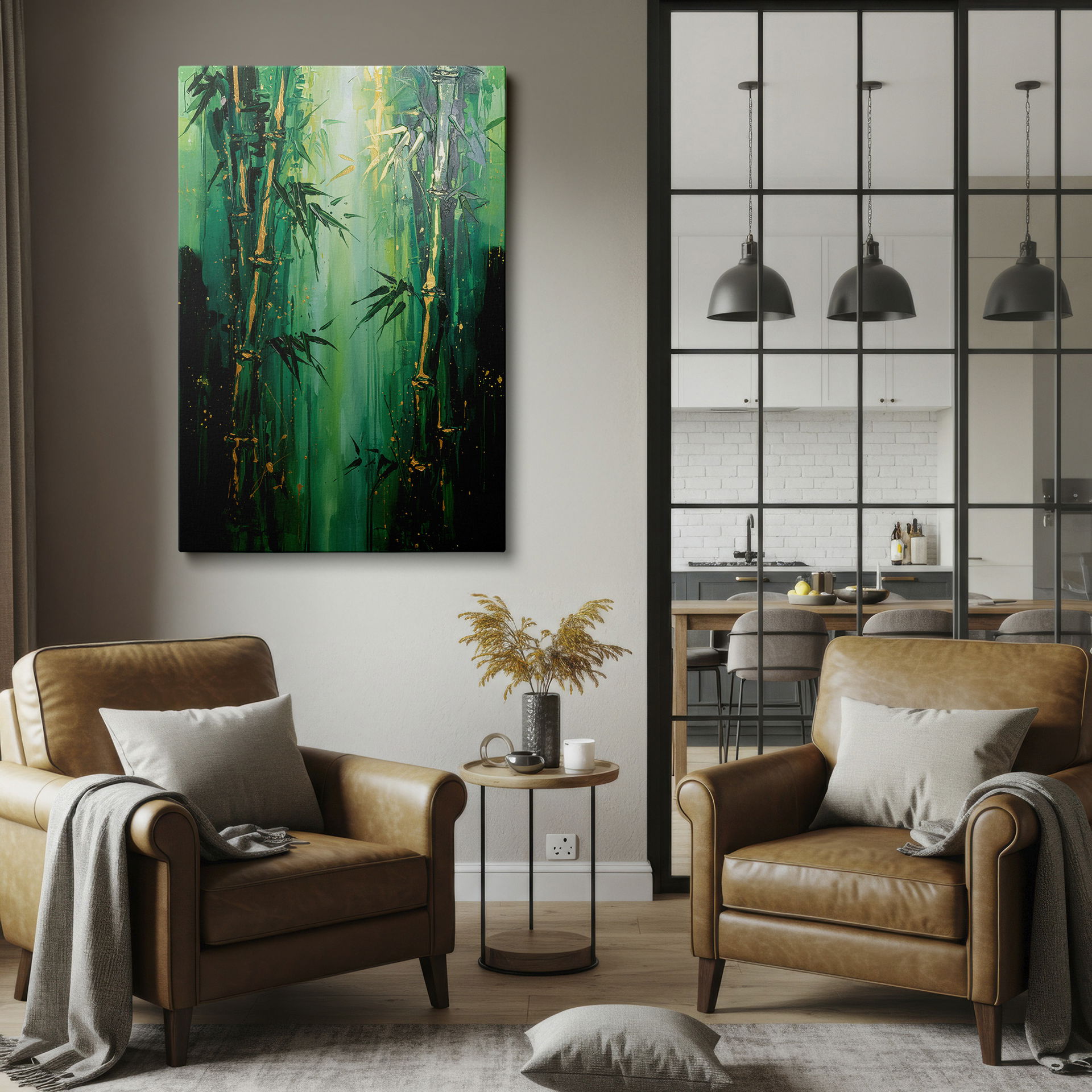 Vertical canvas art print of a dense bamboo forest; an elegant and calming piece of wall art.