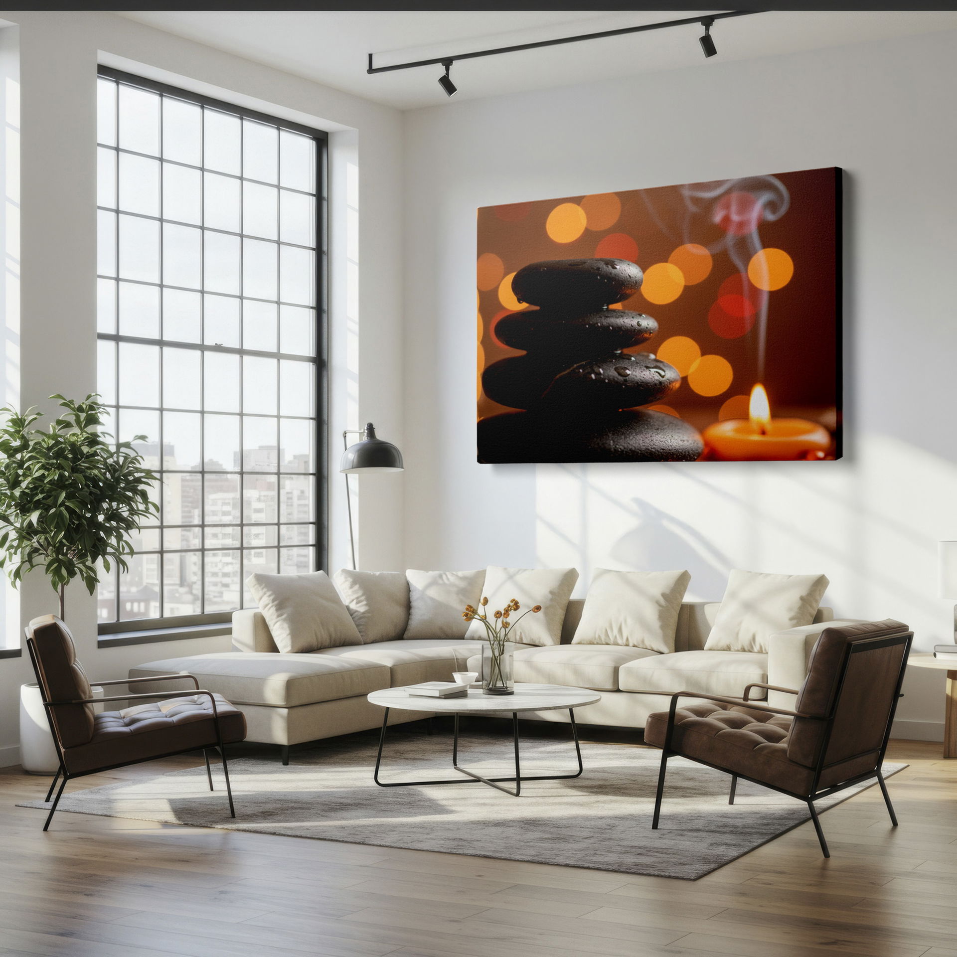 Tranquil Zen Stones wall art shows balanced black stones, soft candlelight, & bokeh lights.