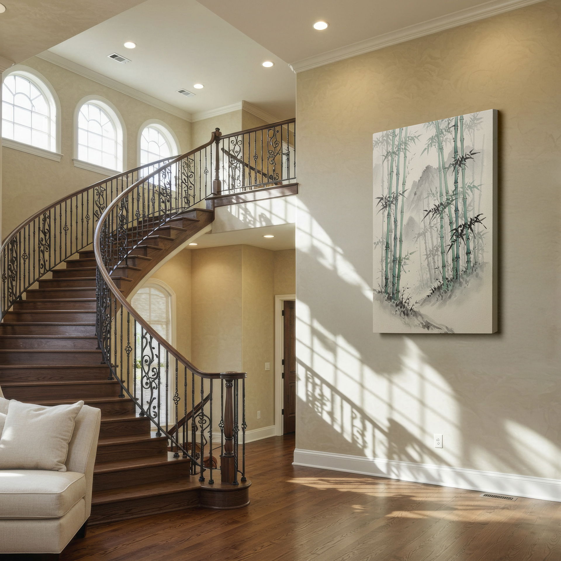 Watercolor painting of a bamboo forest and misty mountains. Adds a touch of nature to your wall art collection.