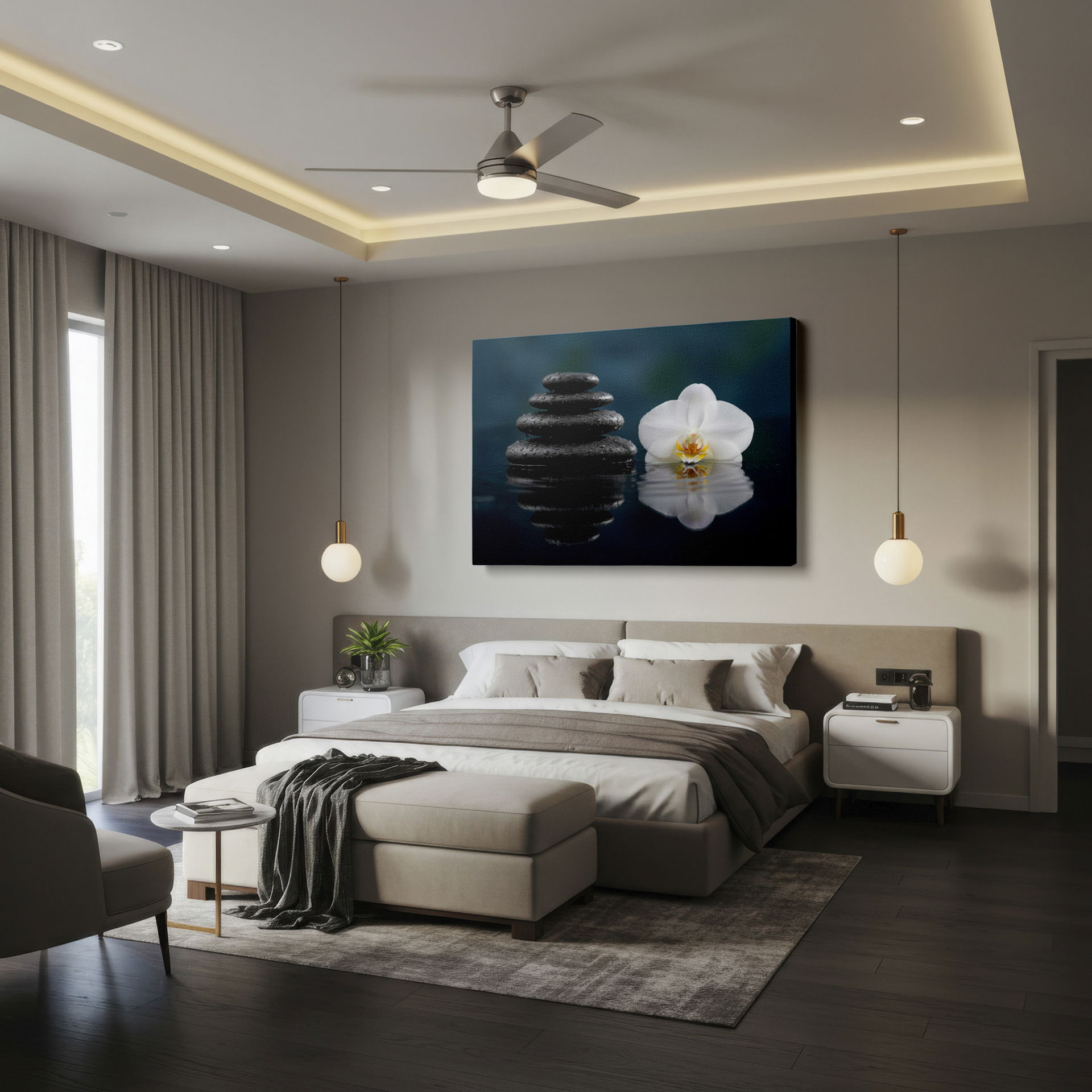 Wrapped canvas print featuring stacked zen stones & a delicate white orchid.