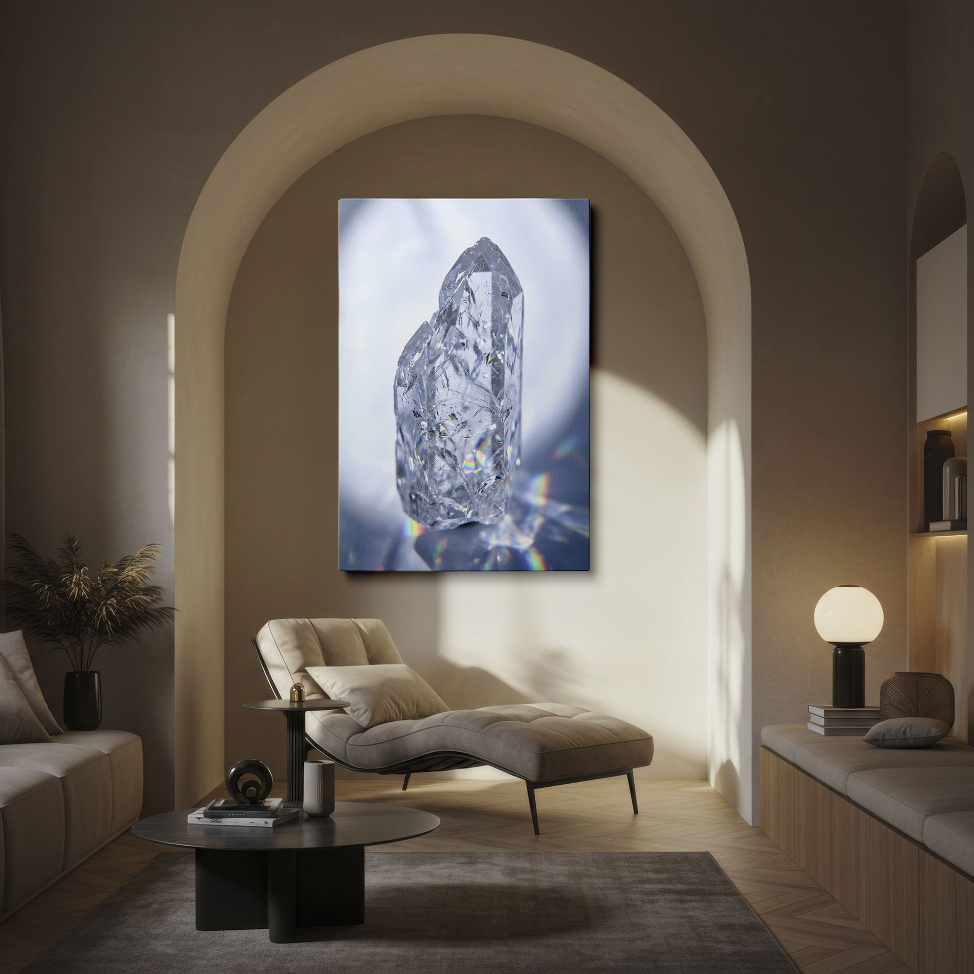 Macro shot of a clear quartz crystal canvas wall art piece refracting light, shimmering elegance.