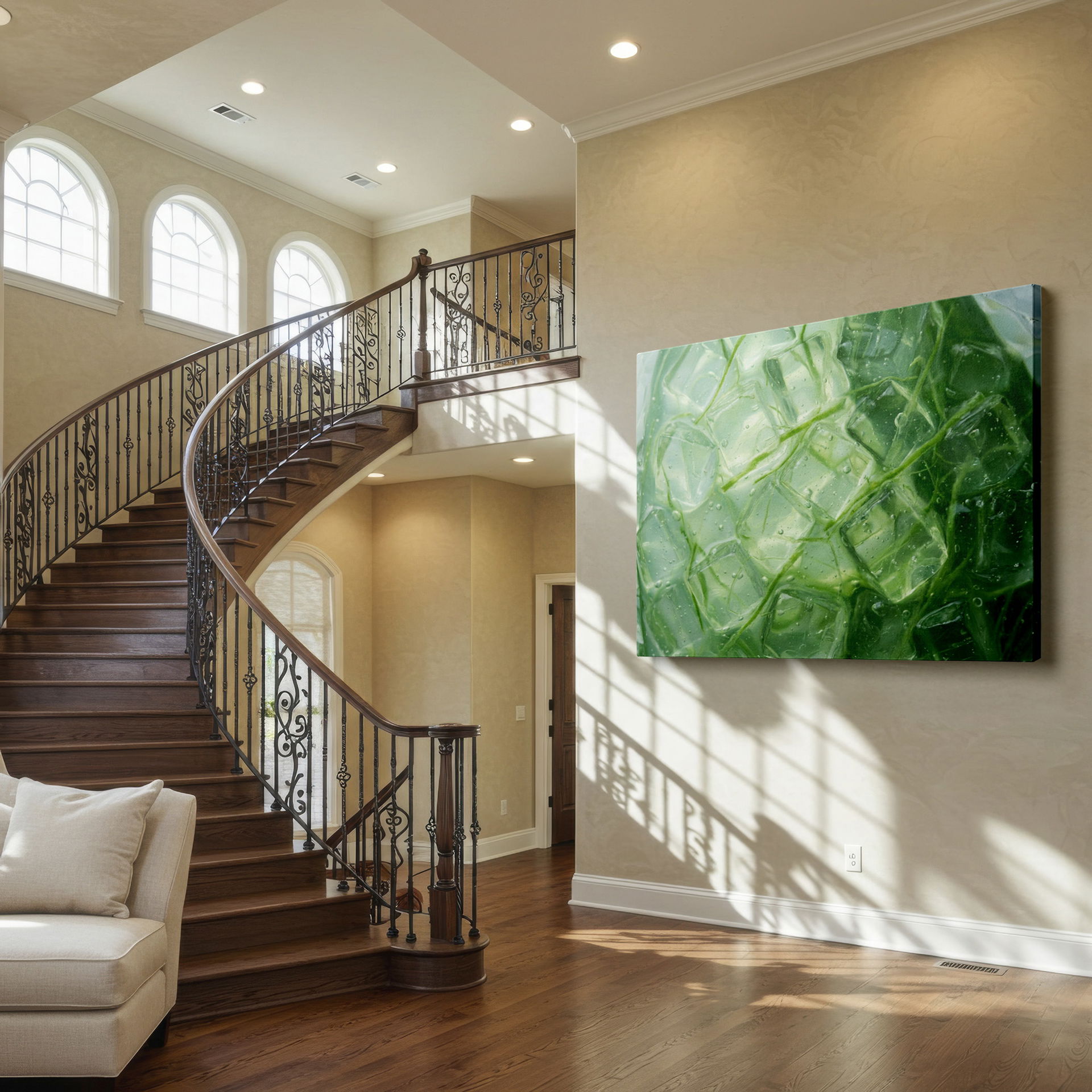 Contemporary abstract piece, ice cube & plant, a cool canvas for a serene touch to any room's wall decor.