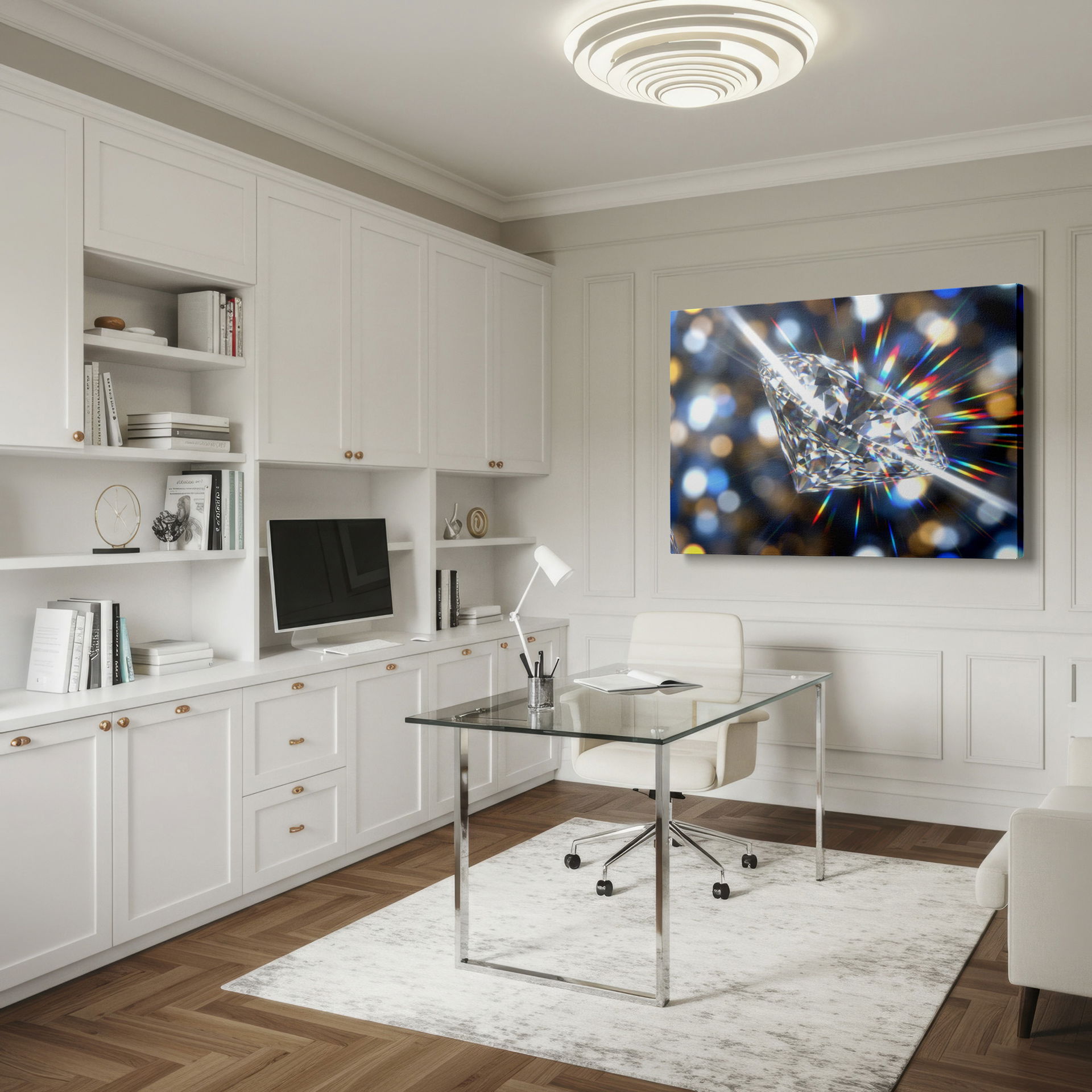 Eye-catching wall art of a sparkling diamond against a soft, bokeh background.