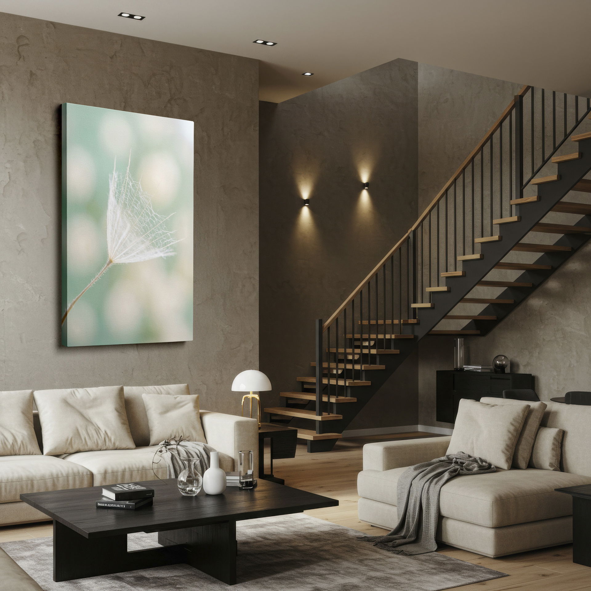 Abstract wall art featuring the ethereal structure of a dandelion seed against a muted background.