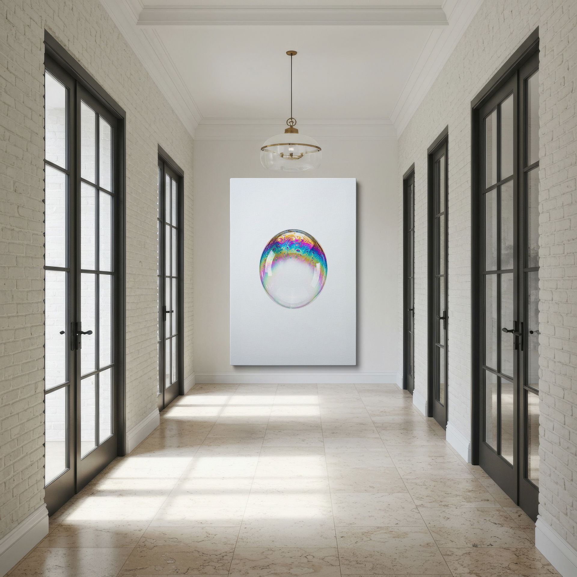 Swirling colors displayed on a bubble creates a captivating Wrapped Canvas art piece.