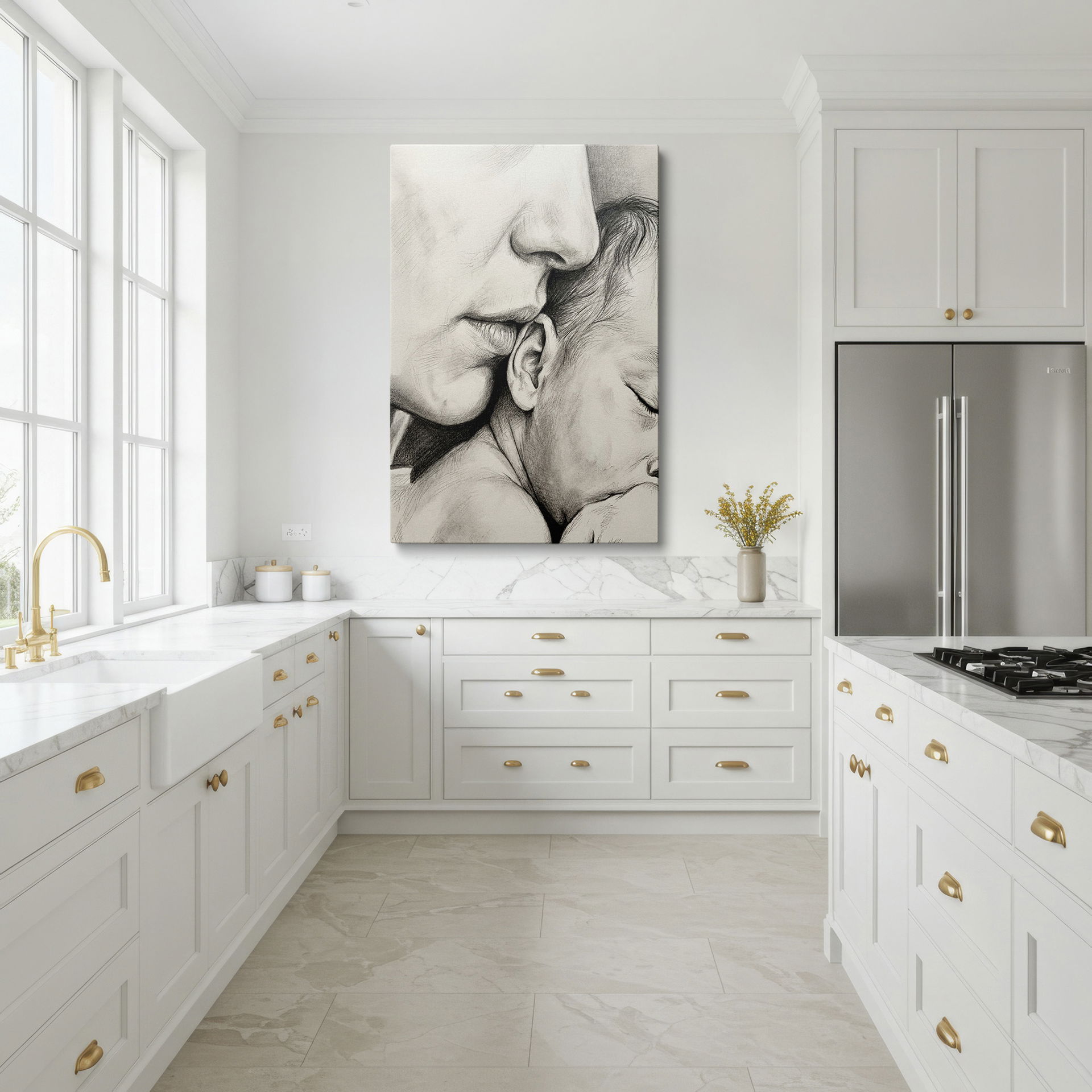 Elegant Wrapped Canvas: Tender moment captured in pencil: a mother kisses her baby.