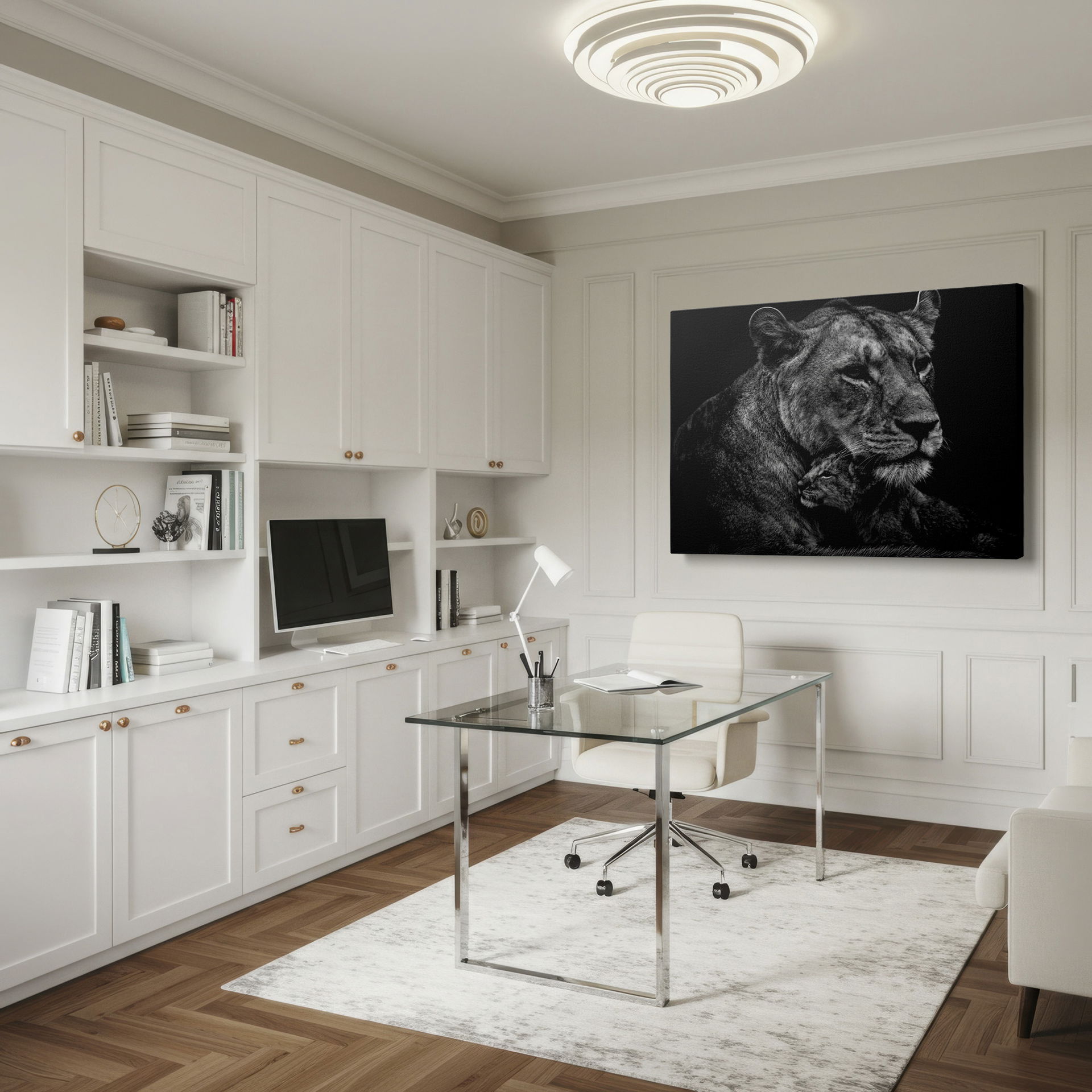 Monochrome portrait: Lioness and cub, symbolizing motherhood and protection, makes striking Wrapped Canvas.