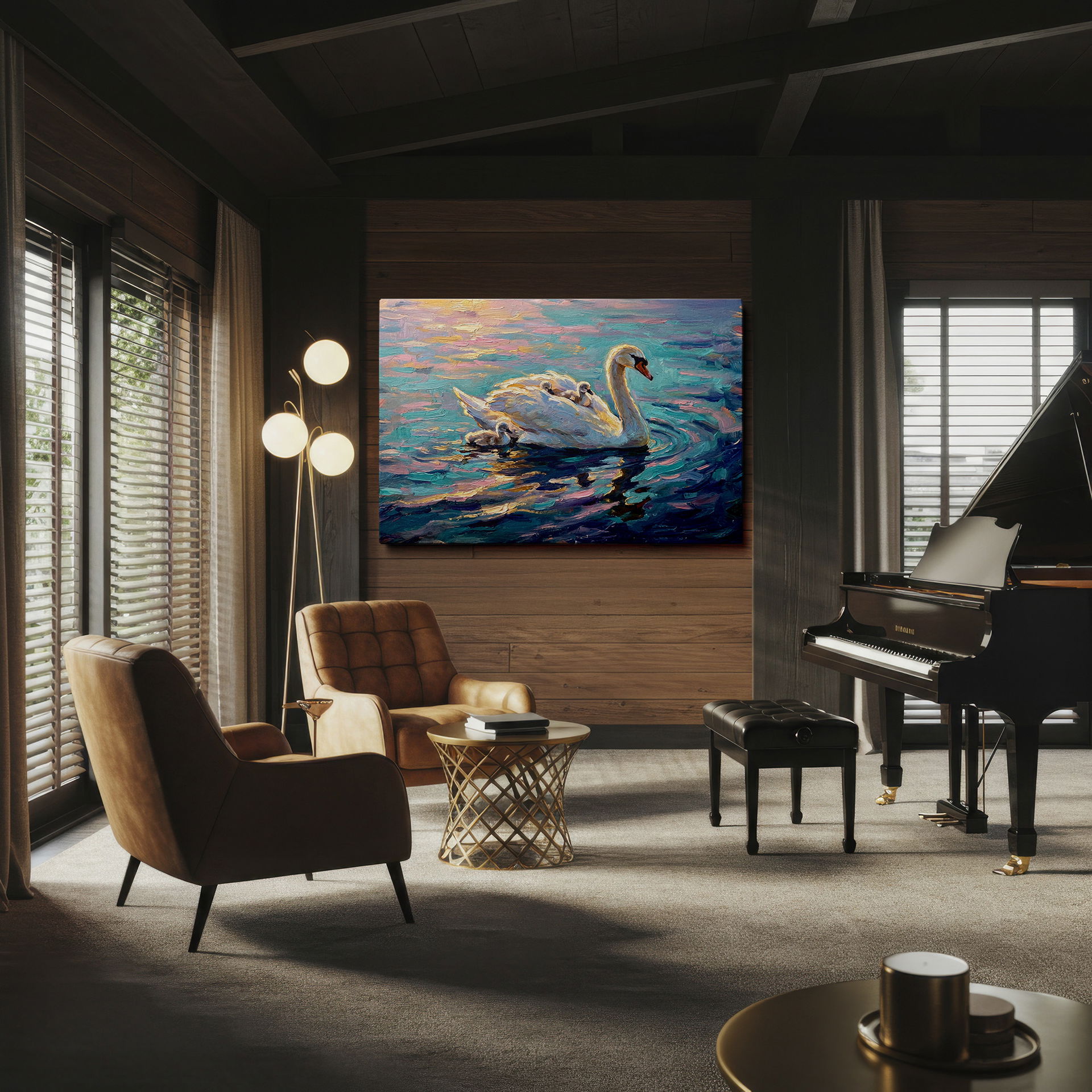 Impressionistic art: Swan and cygnets gliding on water, reflected in pastel shades. Unique wall art.