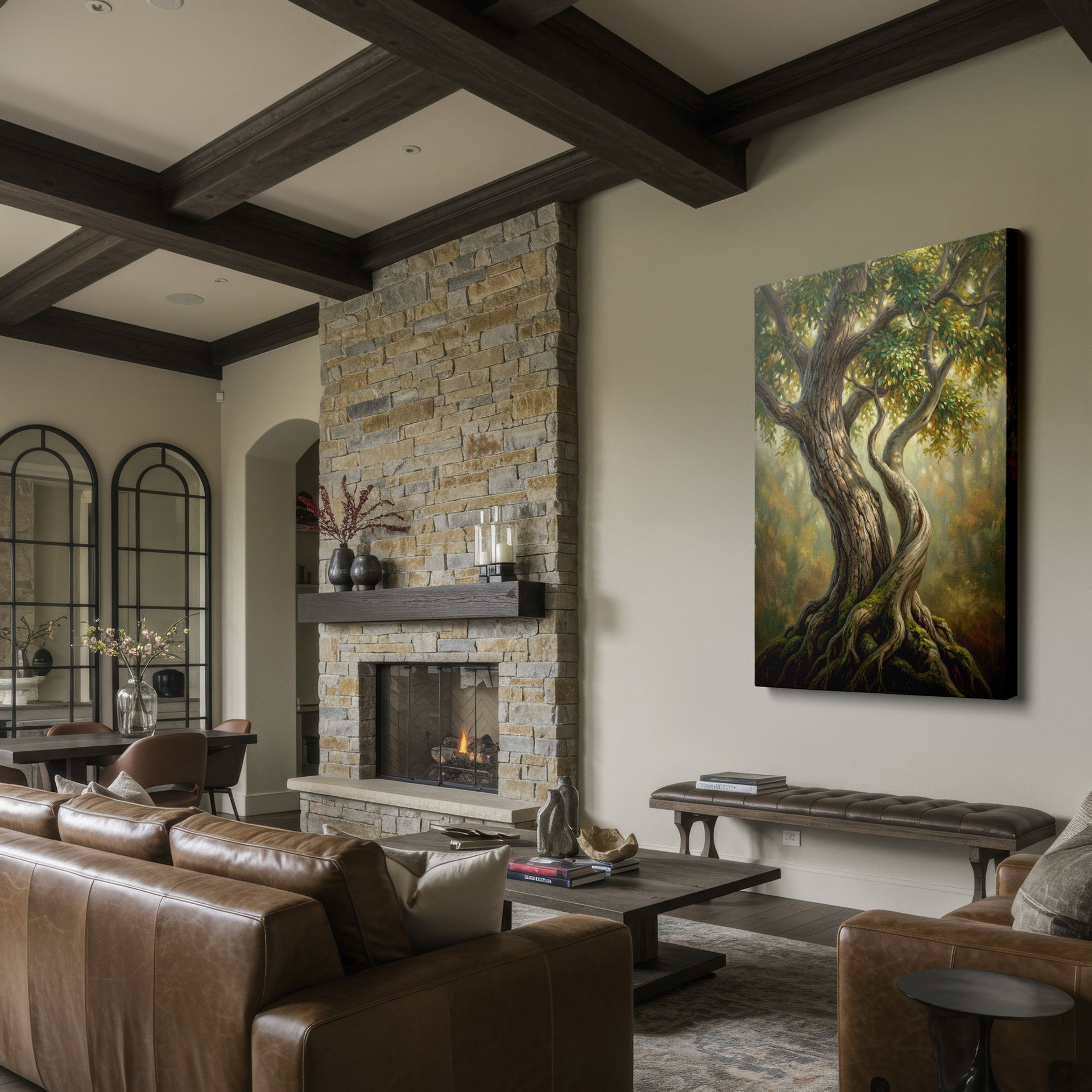 Stunning wrapped canvas featuring an old, gnarled tree with twisting limbs, vibrant foliage, and moss accents bringing a nature-inspired accent.