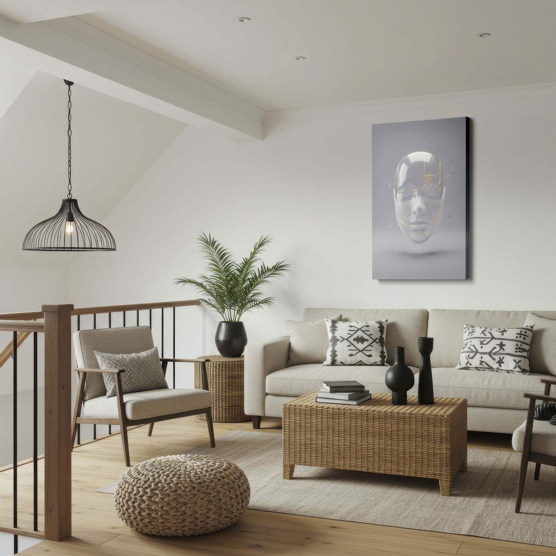 Modern wall art portraying a translucent face adorned with golden spiral divisions.