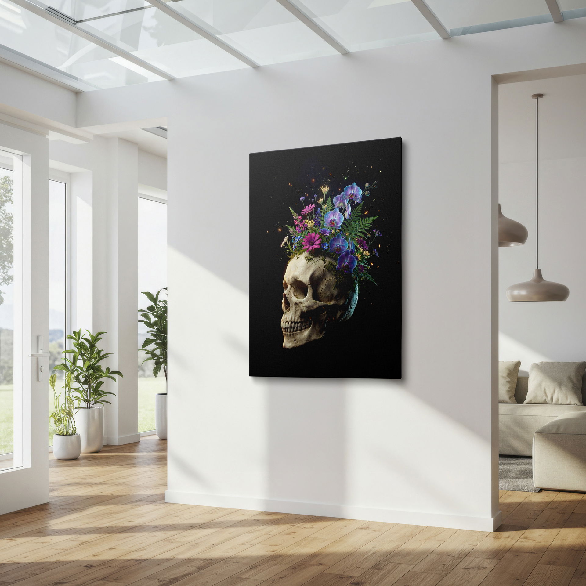 Wrapped Canvas print features: delicate orchids and flowers atop a classic skull, contrasting light and dark.