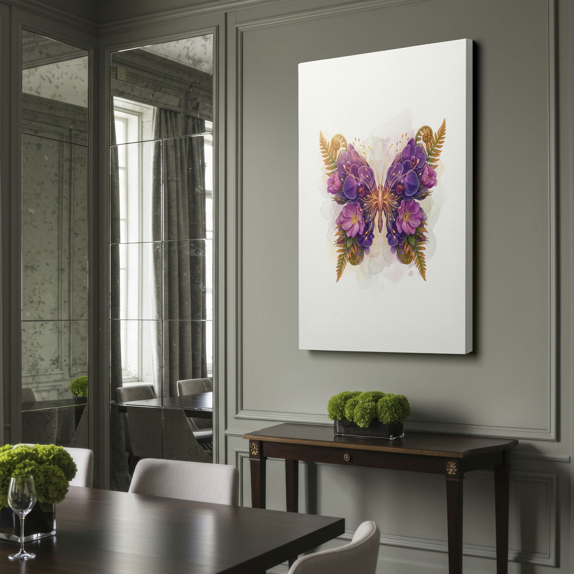 Floral butterfly wall art; purple and pink flowers create unique butterfly wings, enhanced with gold accents and watercolor backdrop.