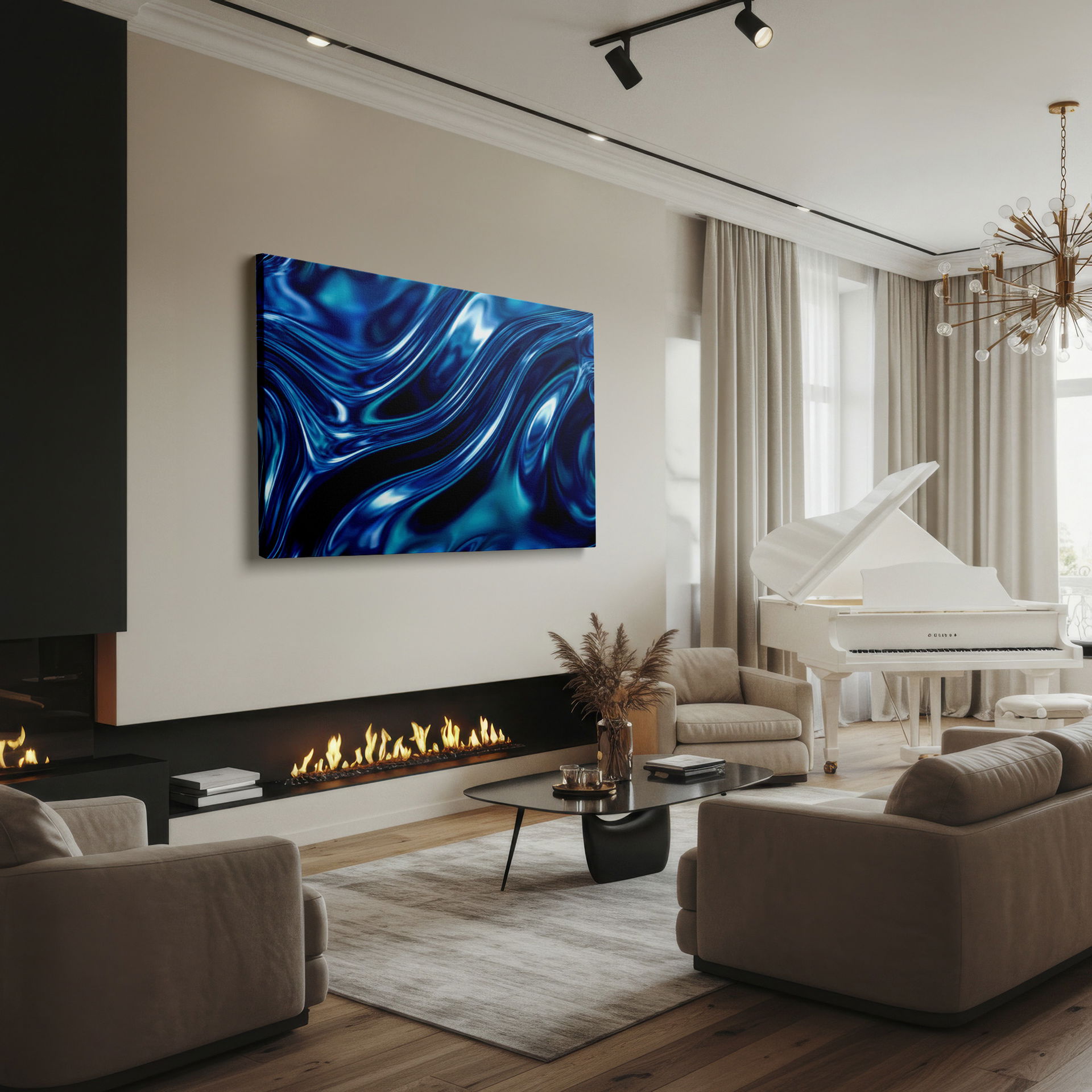 Modern abstract wall art: Mesmerizing liquid patterns in shades of blue and white.