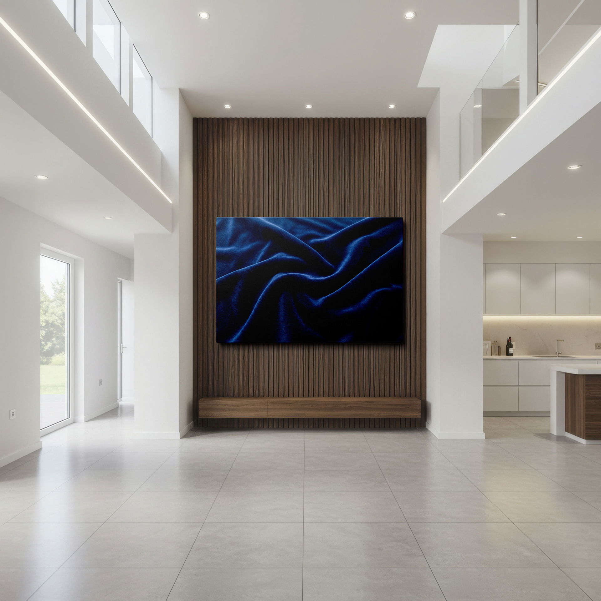 Detailed view of deep blue velvet fabric, ideal for a textured wall art piece, adding depth.