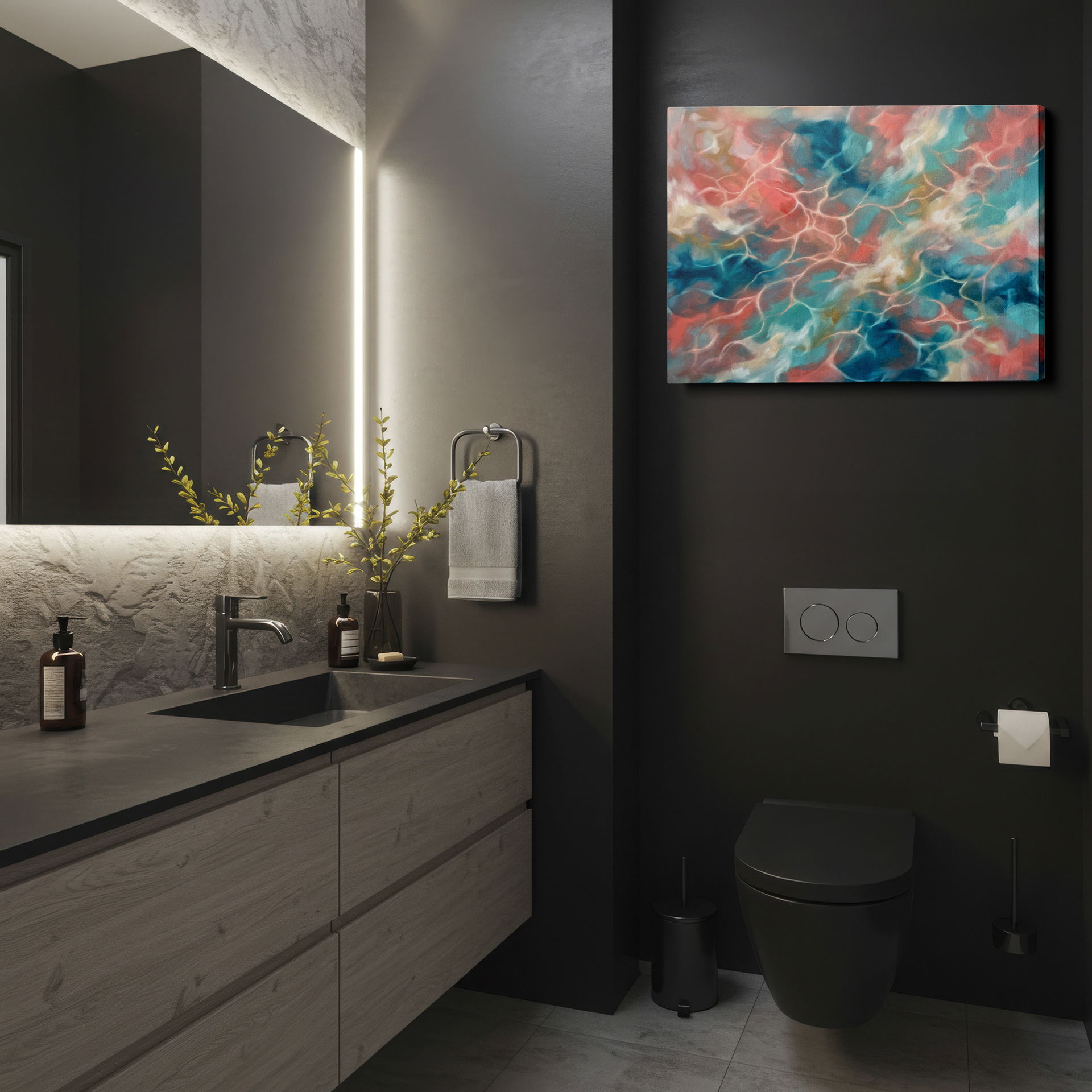 Abstract wall art featuring dynamic coral, teal, and cream water reflections, ideal for modern homes.