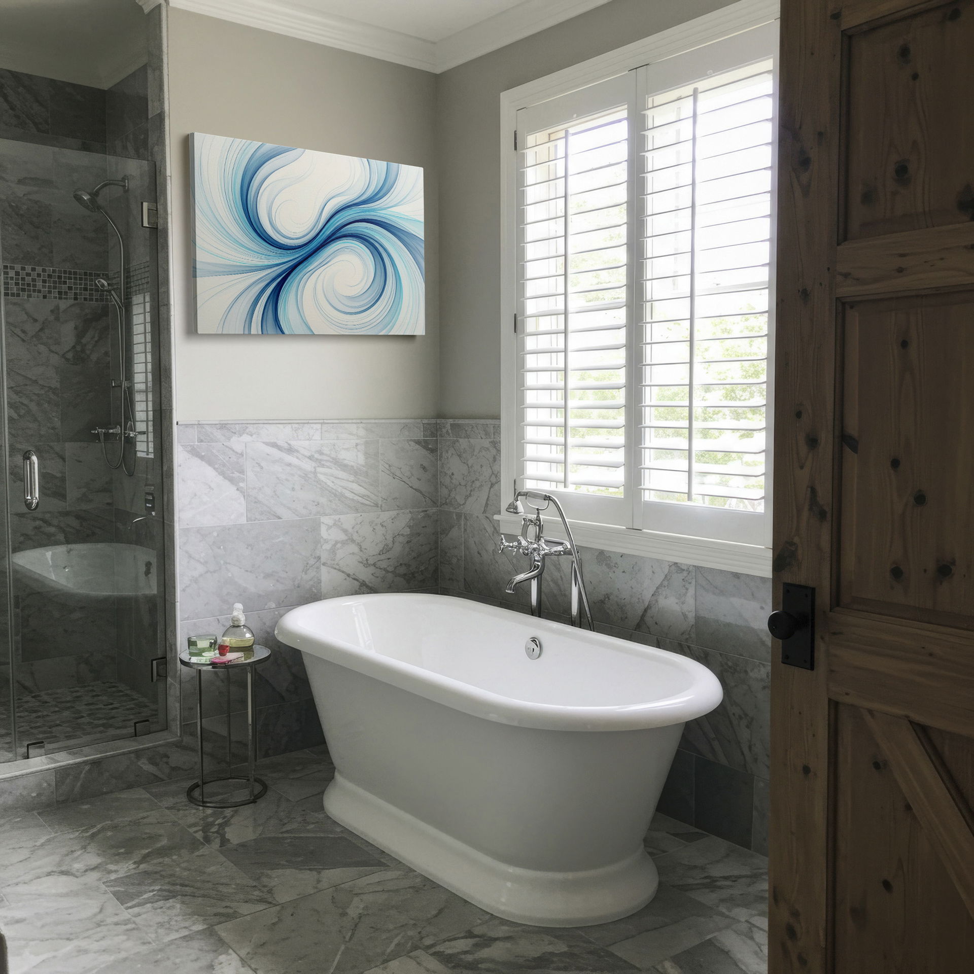 Modern wall art showcases abstract swirling blue lines, a fluid contemporary design.