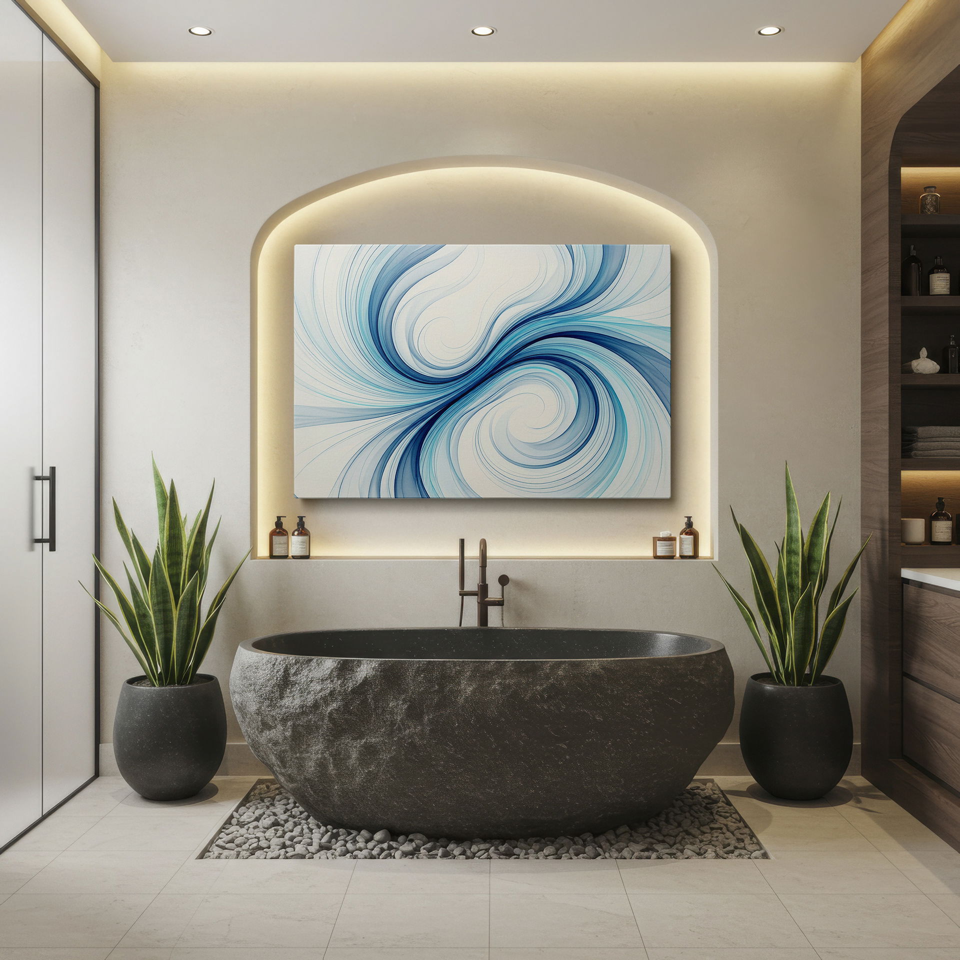 Mesmerizing abstract patterns in blue, ideal for adding a sophisticated touch as wall decor.