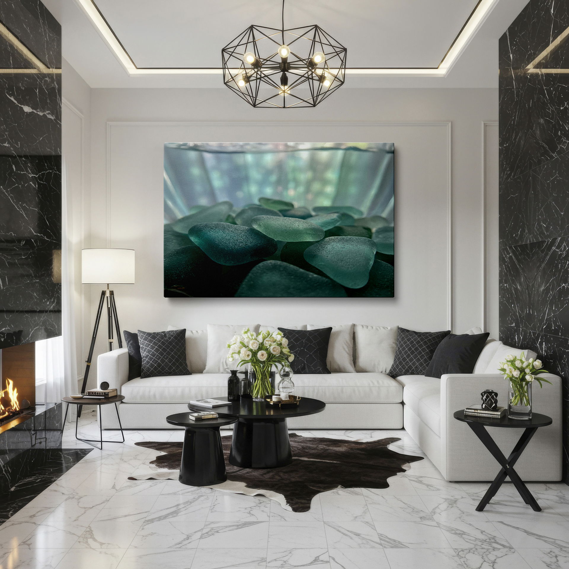 Artistic wall art of blue sea glass, their smoothness creating texture for beach-inspired space.