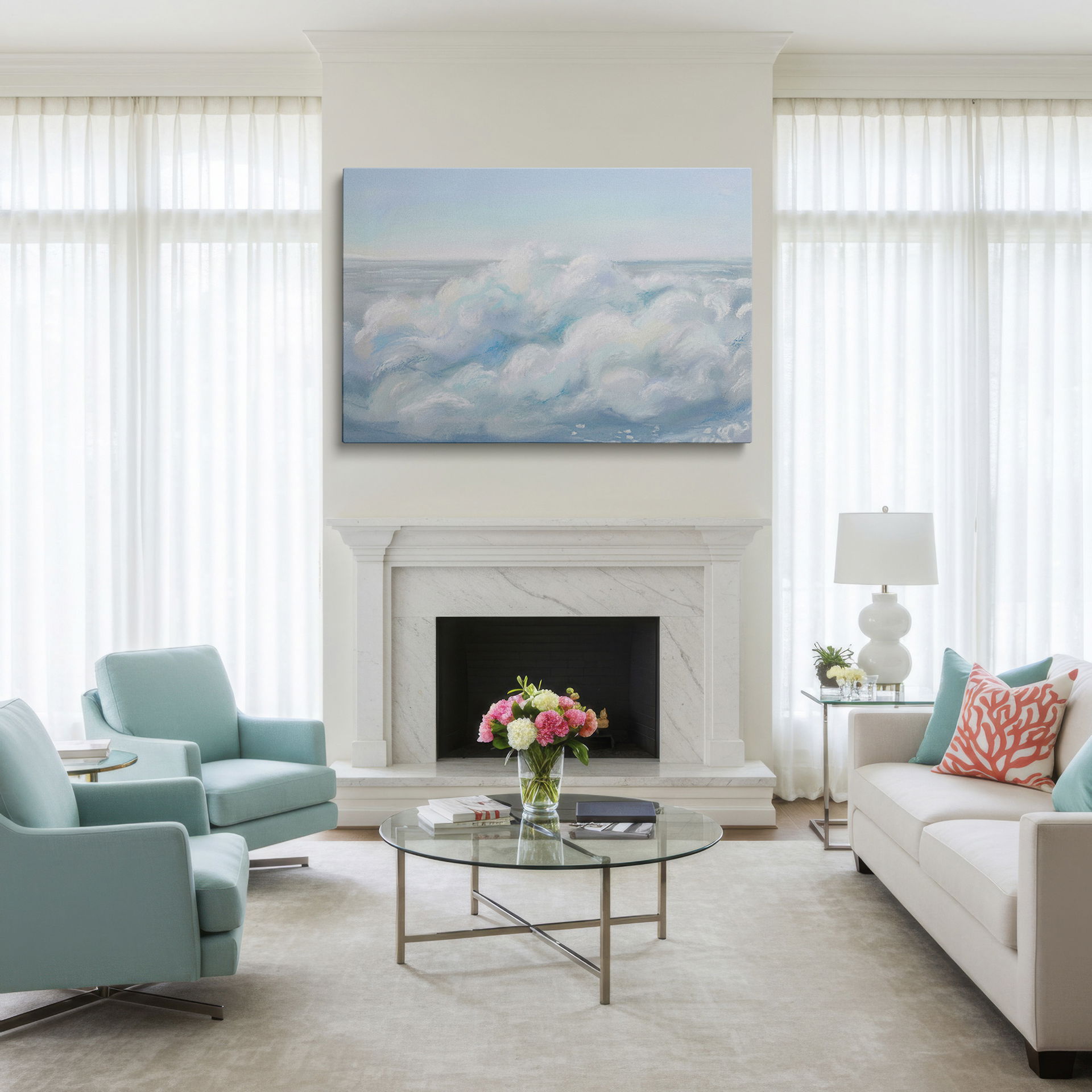 Gentle ocean wave Wrapped Canvas featuring soft blue and white hues for a calming coastal theme.