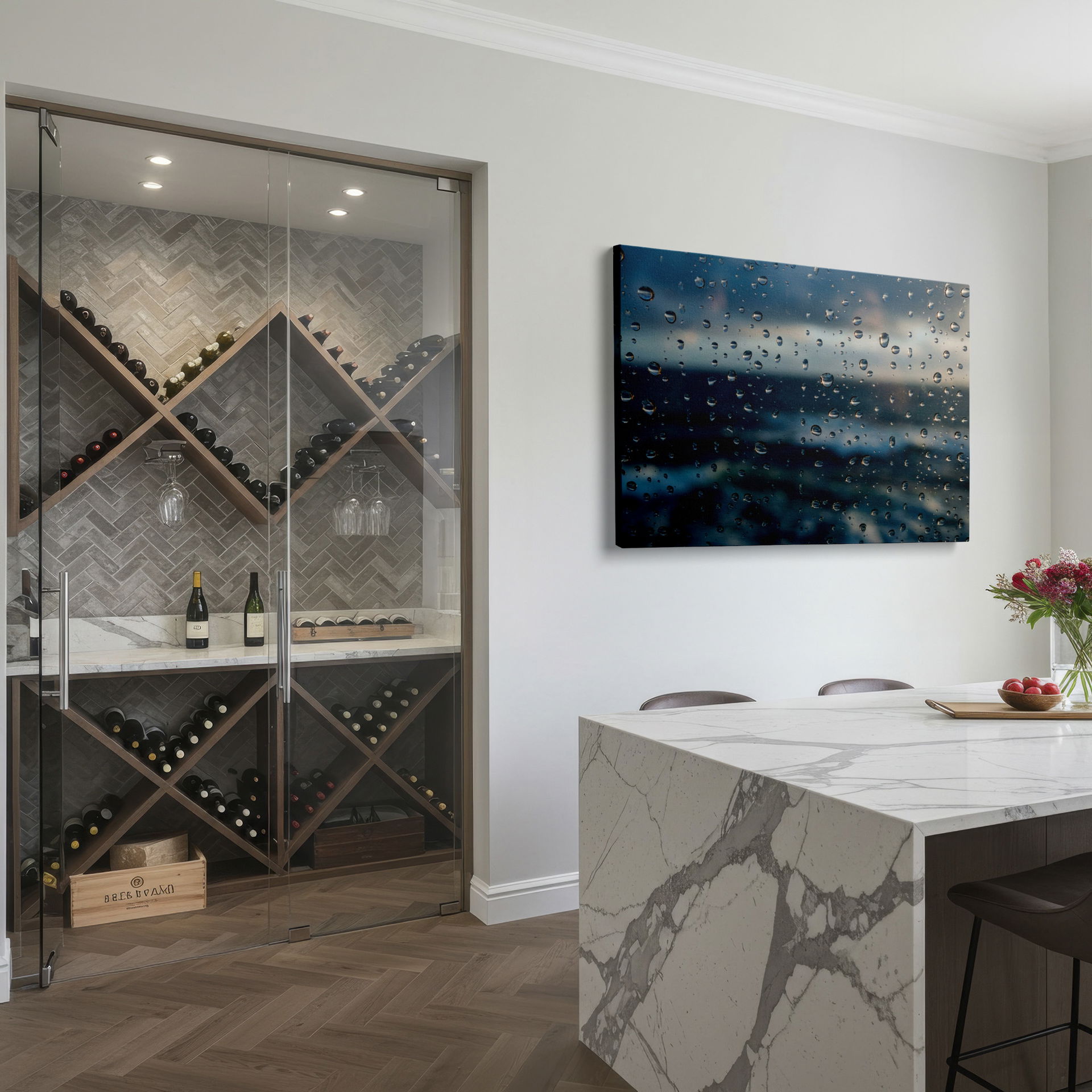 Serene water droplets on a glass surface create an abstract pattern in this unique wall art.