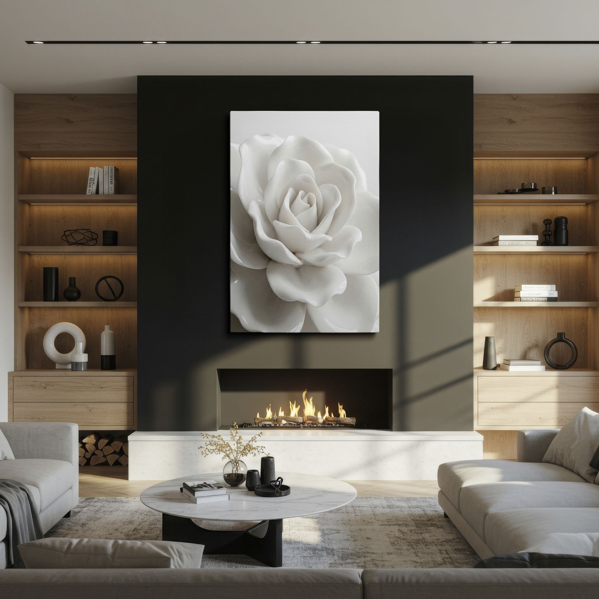 Serene white rose detailed close-up, perfect as sophisticated floral wall art.