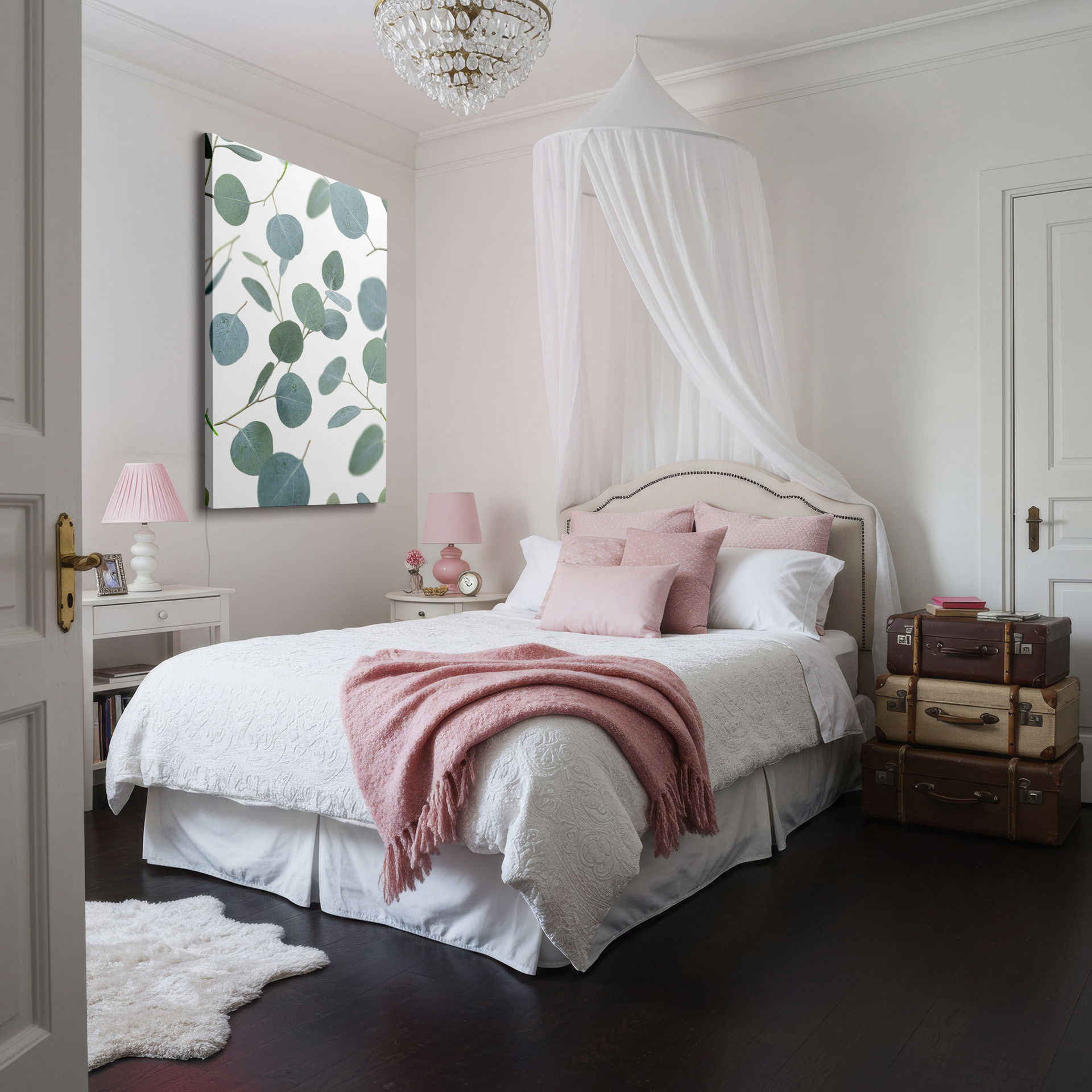 Delicate silver-green eucalyptus leaves adorn this wrapped canvas, floating across a crisp white surface; a tranquil, botanical motif.