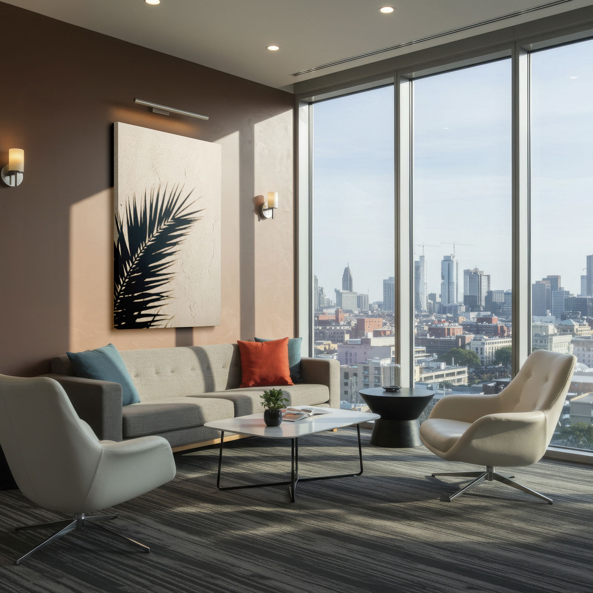 Palm leaf shadow art evokes a tropical vibe in a minimalist canvas wall art piece.