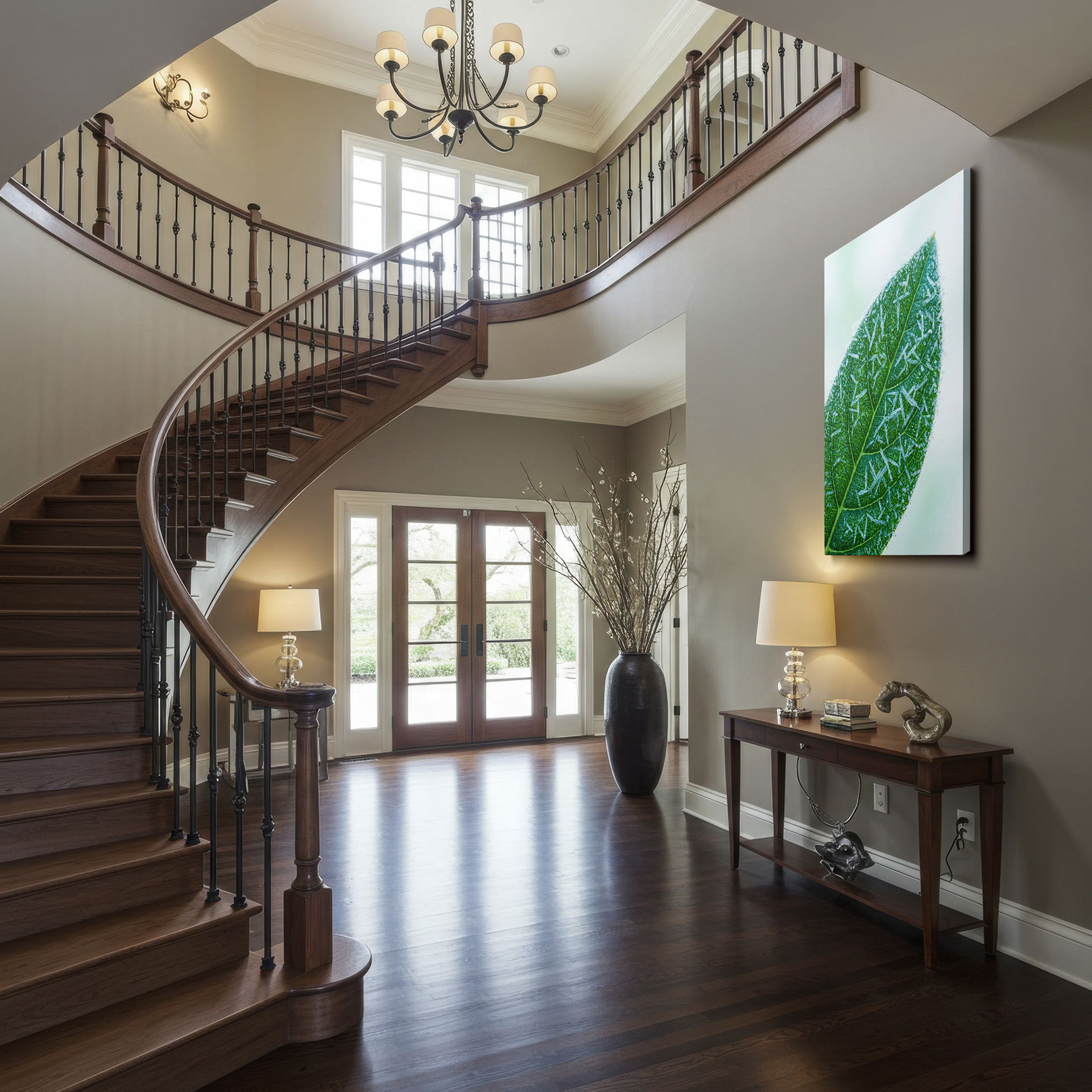 Green leaf adorned with frost, an elegant addition to your wall art collection for a natural touch.