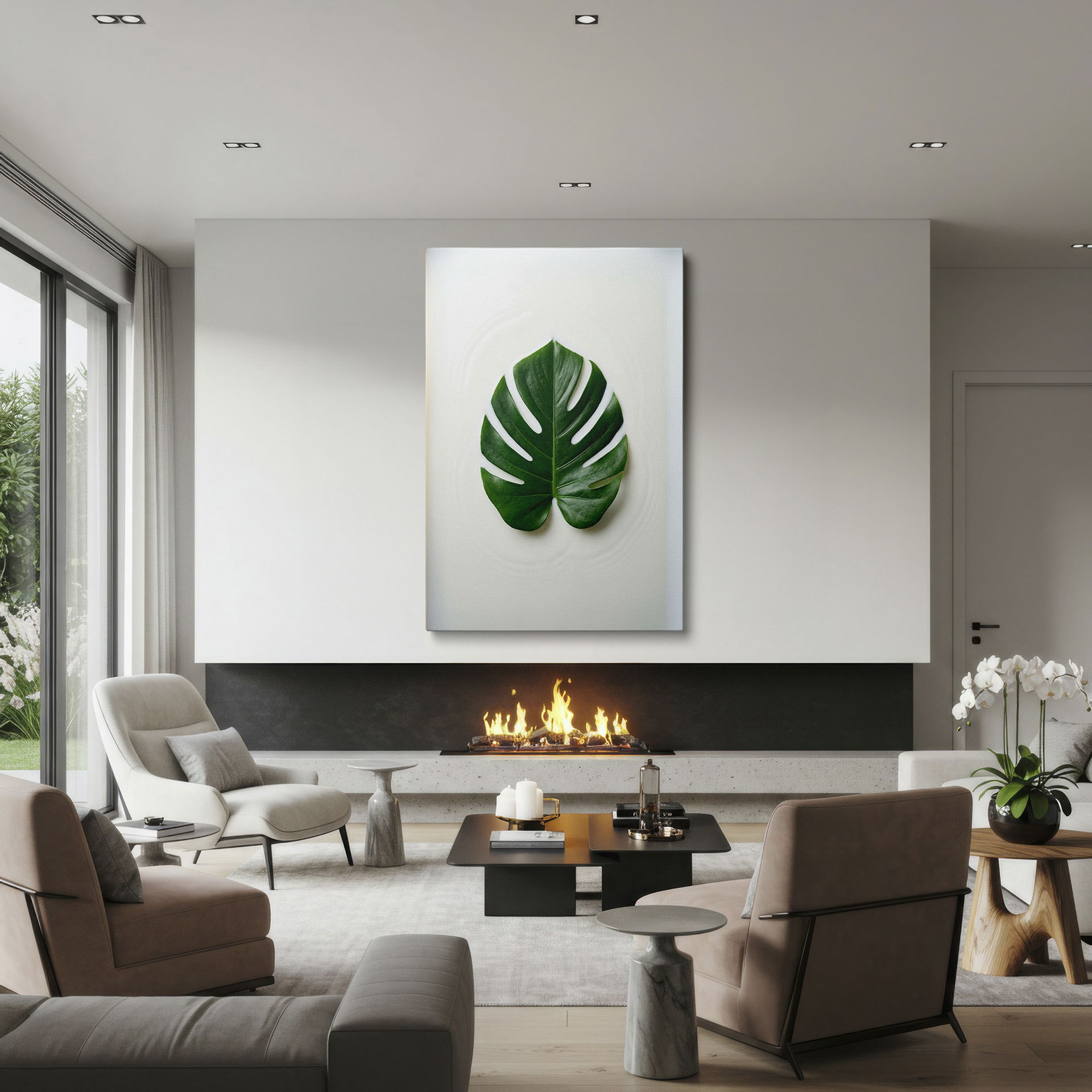 Vibrant green Monstera leaf on white backdrop, designed for contemporary wall art.