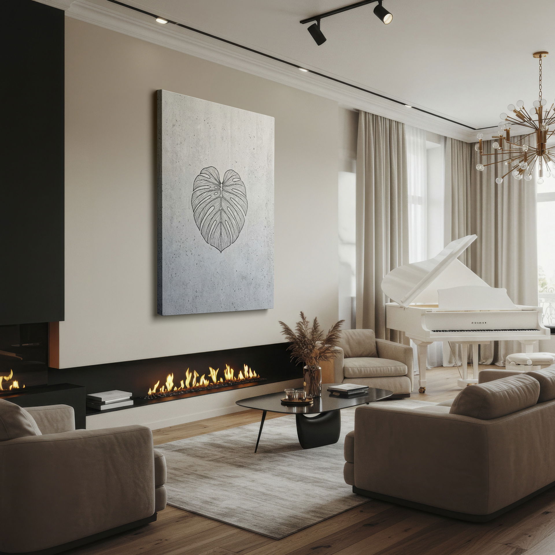 Intricate line drawing of a Monstera leaf set against concrete, a stylish piece of Wrapped Canvas.