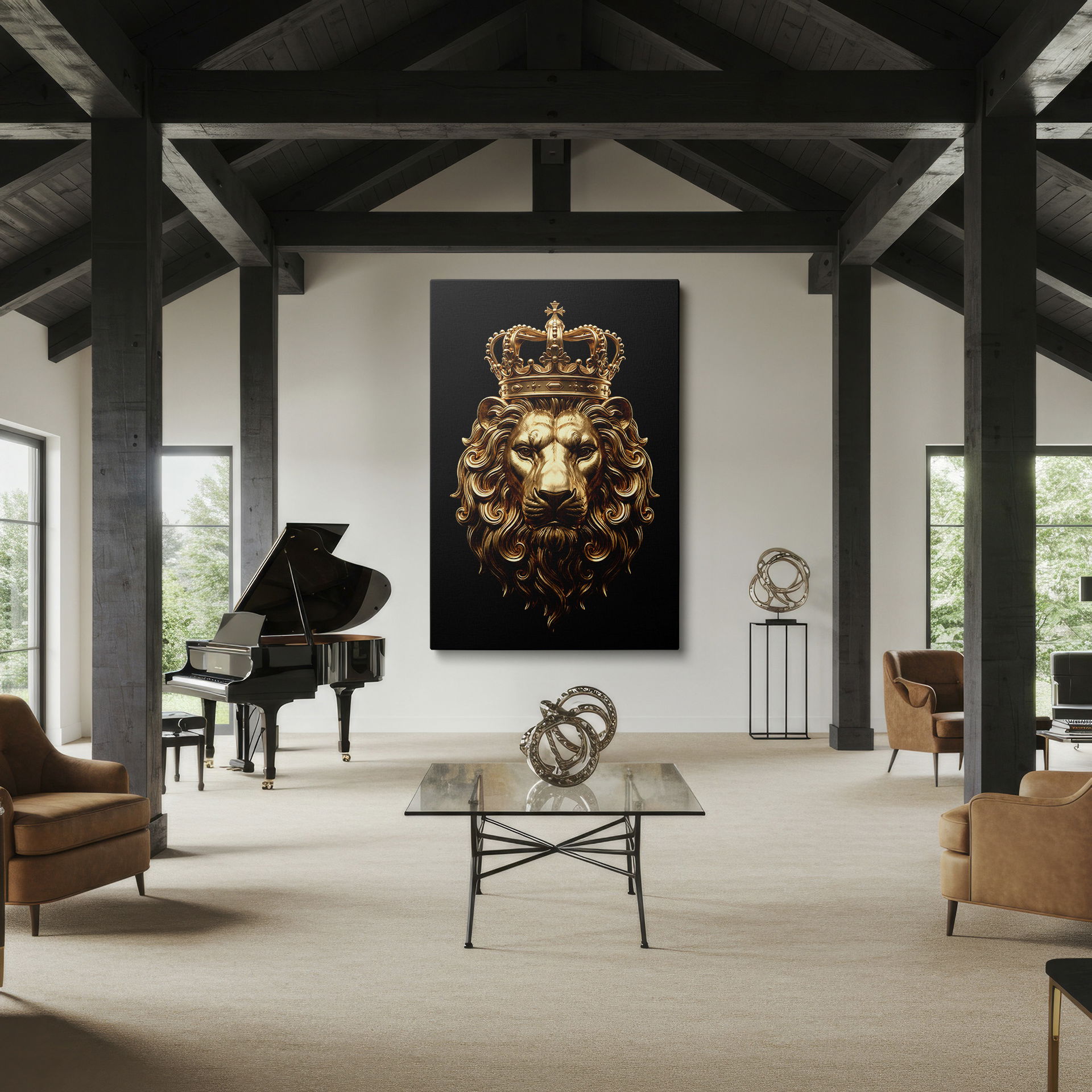 Intricate wall art depicting a golden lion wearing a crown, set on black, adding a touch of royal elegance to your space.