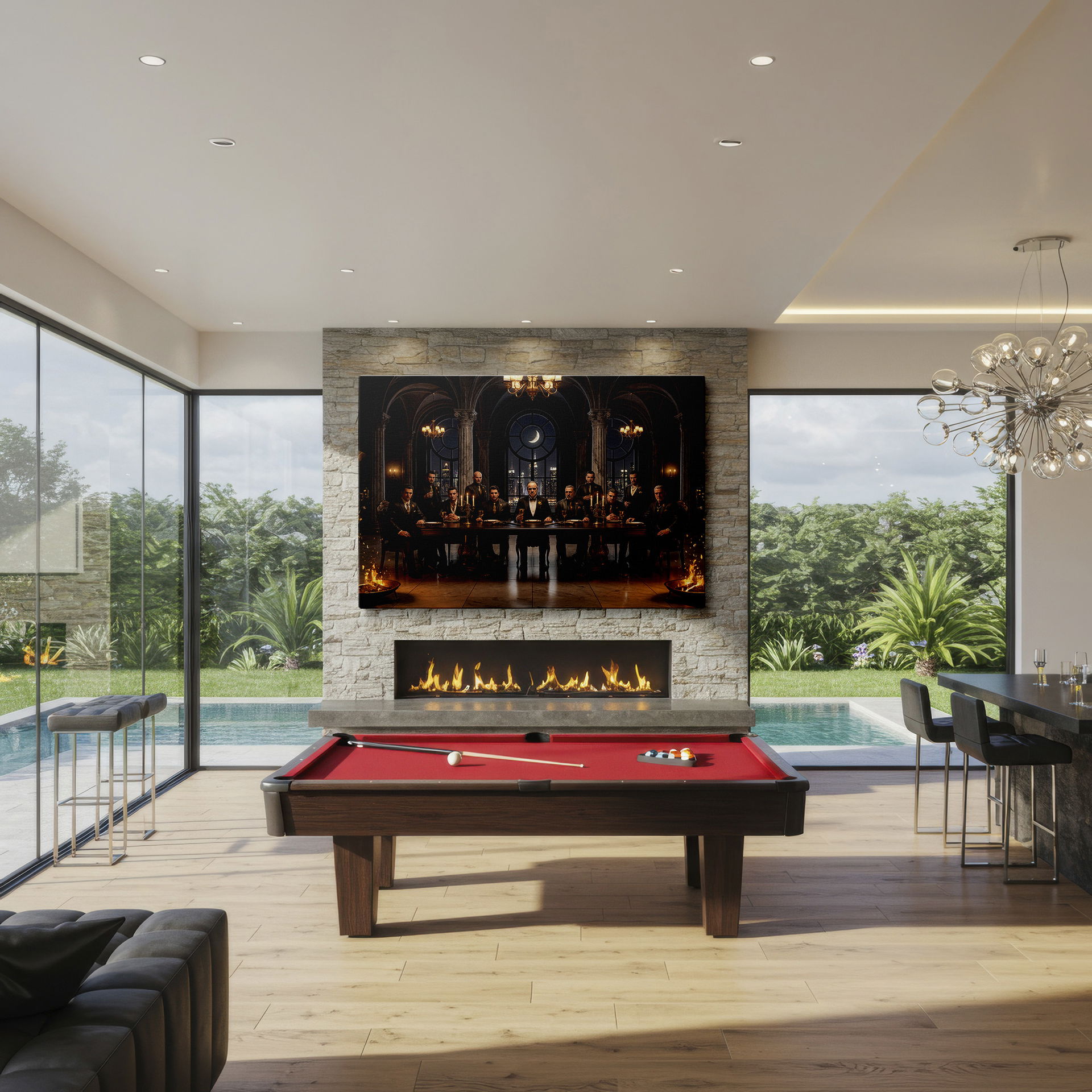 Elevate your home with this unique wall art depicting a grand mafia feast in a gothic setting.