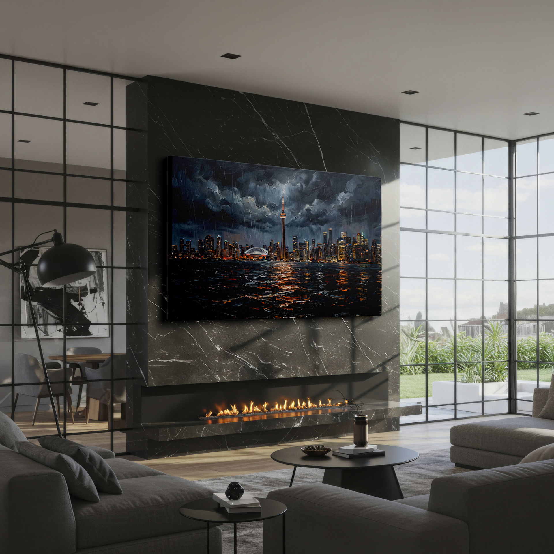 Captivating wall art of Toronto skyline; CN Tower stands tall amidst the storm, city lights glow.