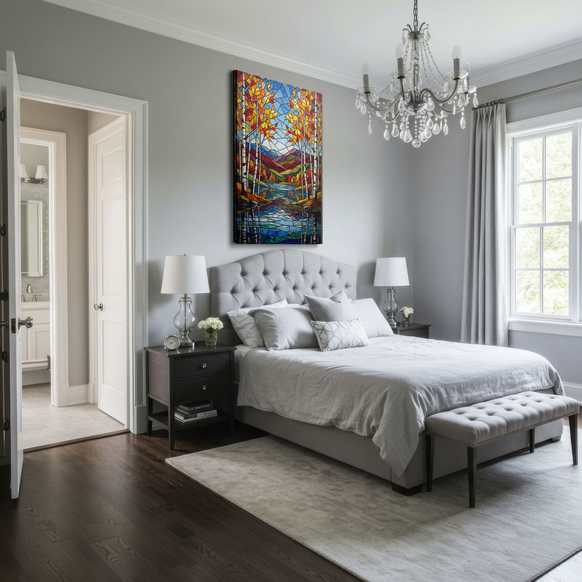 Wall art of a colorful forest landscape with mountains and trees, stained glass style.