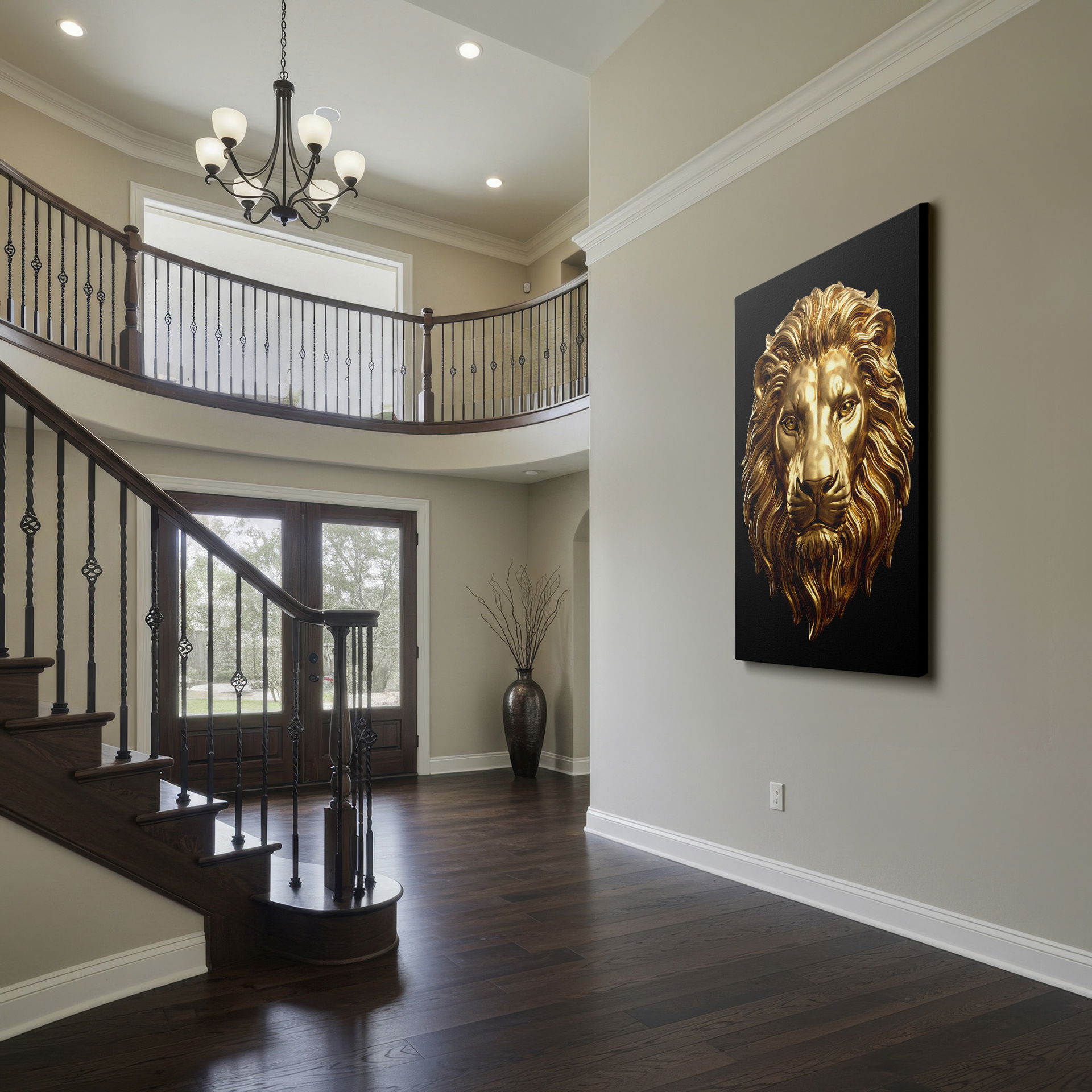 Close-up of the golden lion wall decor; detailed Wrapped Canvas print for an elegant space.
