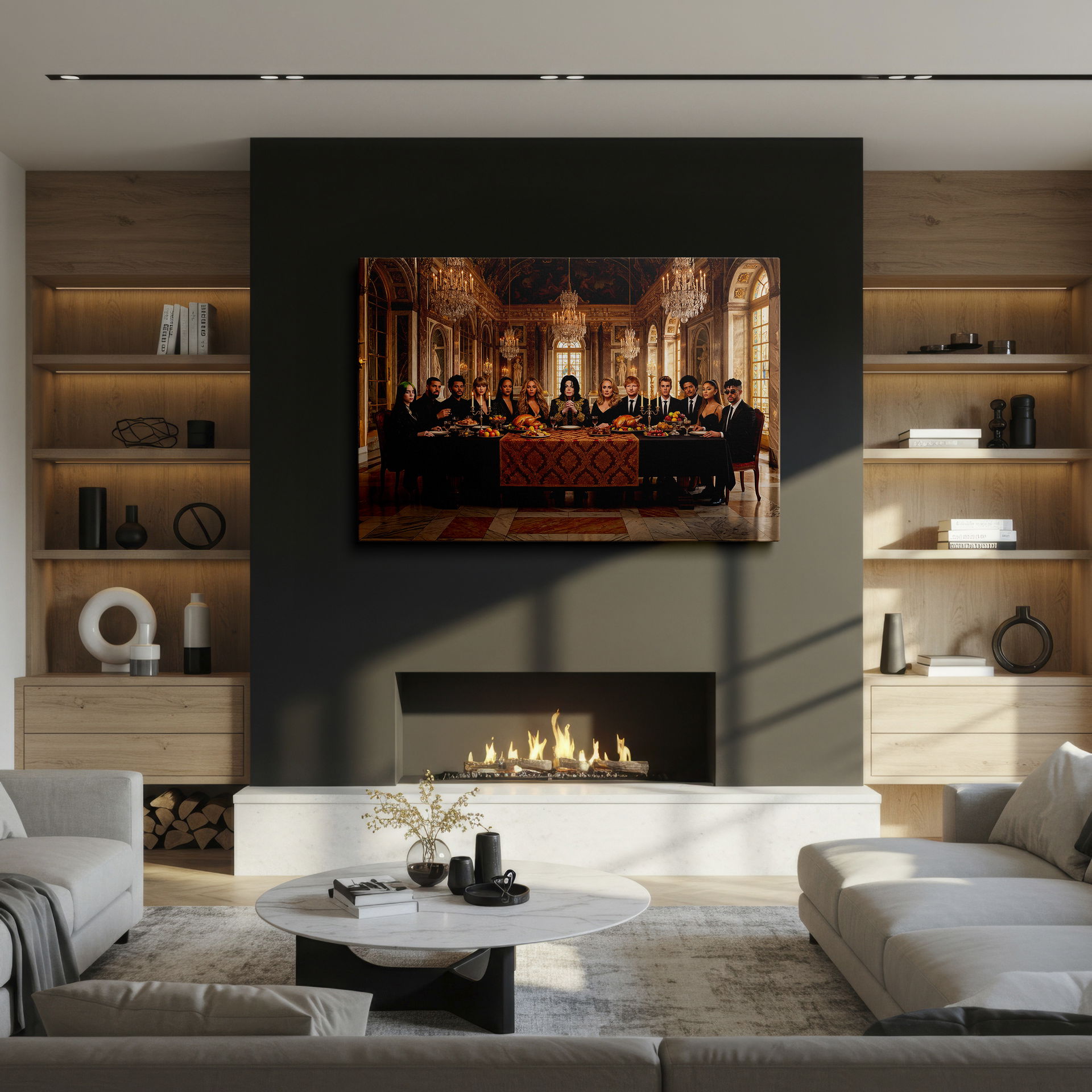 High-quality wall art print with music icons in a lavish setting.