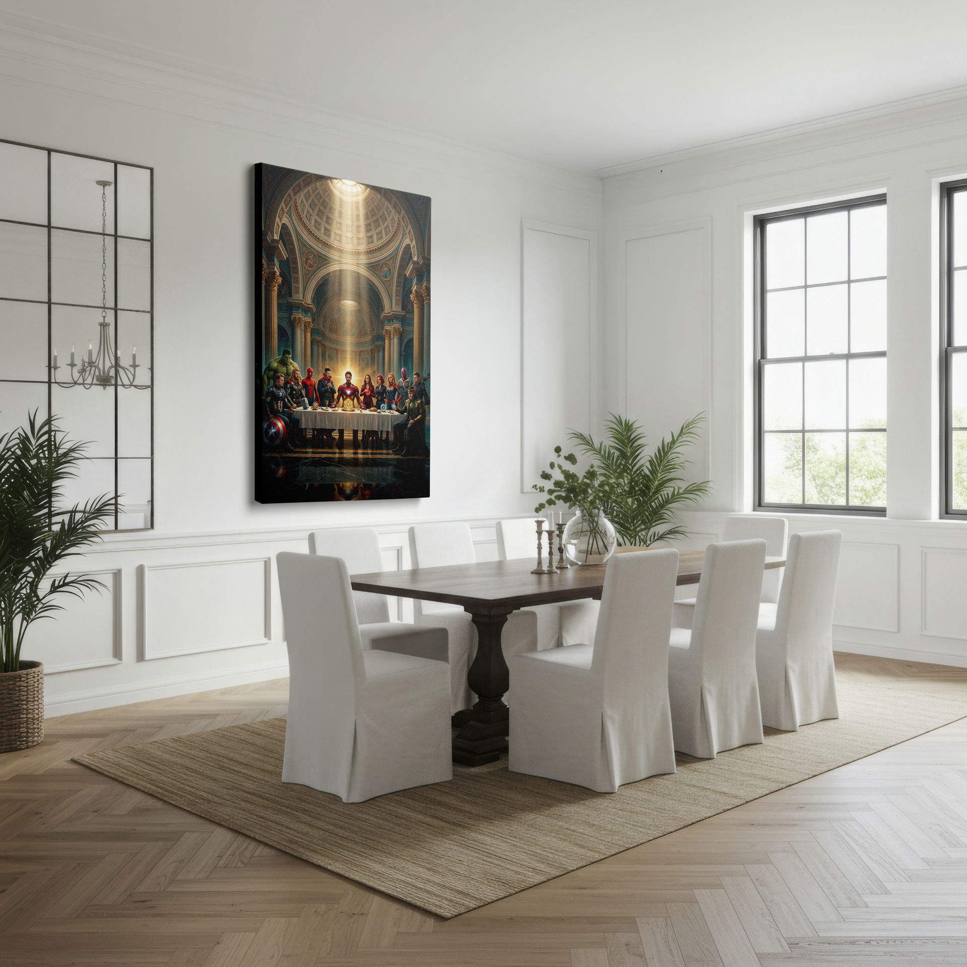'Last Supper' with Avengers characters displayed as wall art. A fusion of pop culture and fine art in a classical backdrop.