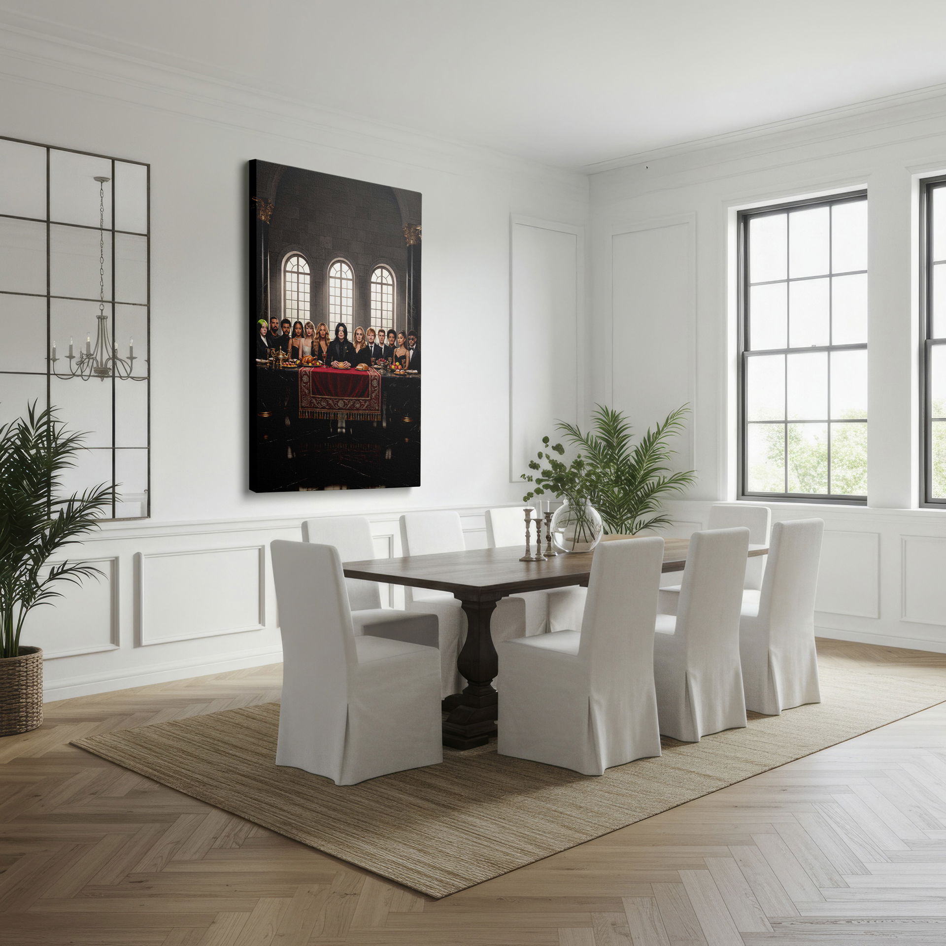 Dramatic Wrapped Canvas portraying a music icons' dinner within a gothic castle, a memorable wall art choice.