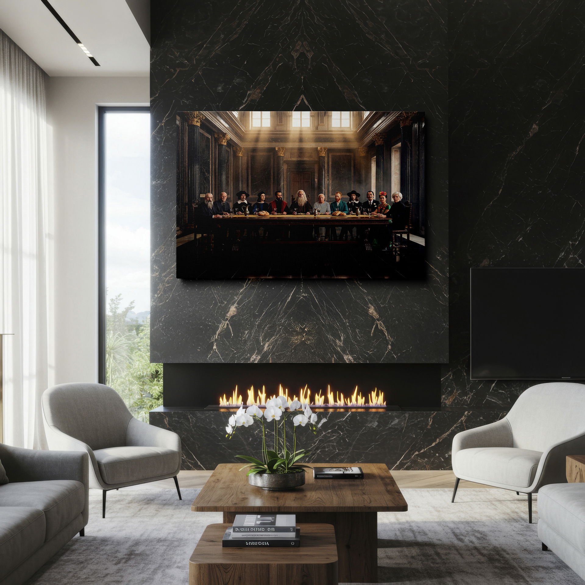 'Masters' Supper' Wrapped Canvas: Renowned artists are depicted sharing a meal in a modern take on history.