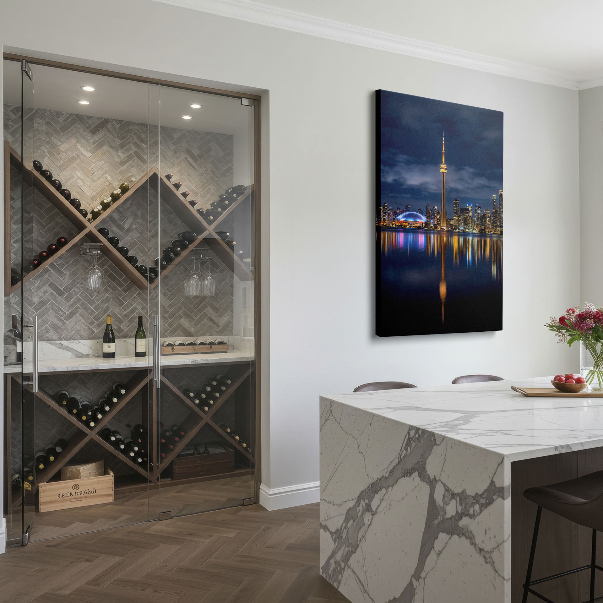 Wrapped Canvas wall art featuring the Toronto skyline at twilight, with vibrant reflections of city lights in the water.