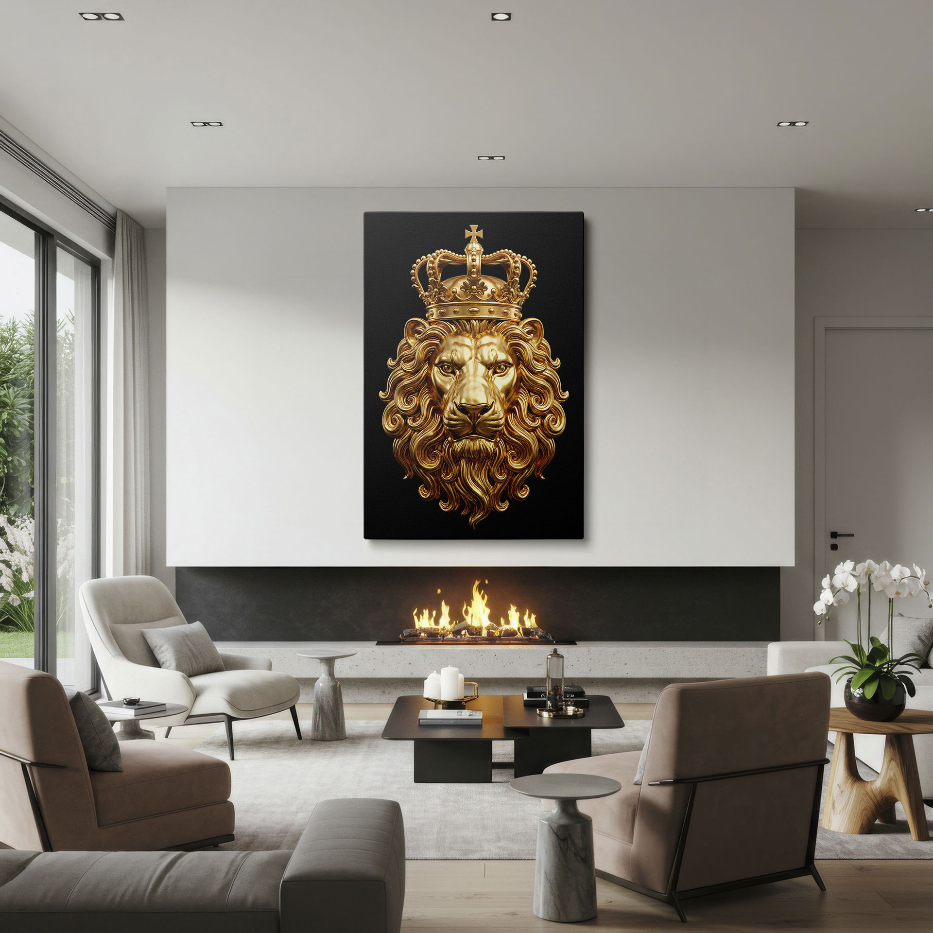 Close-up of a golden lion with crown on black, a unique piece of Wrapped Canvas art.