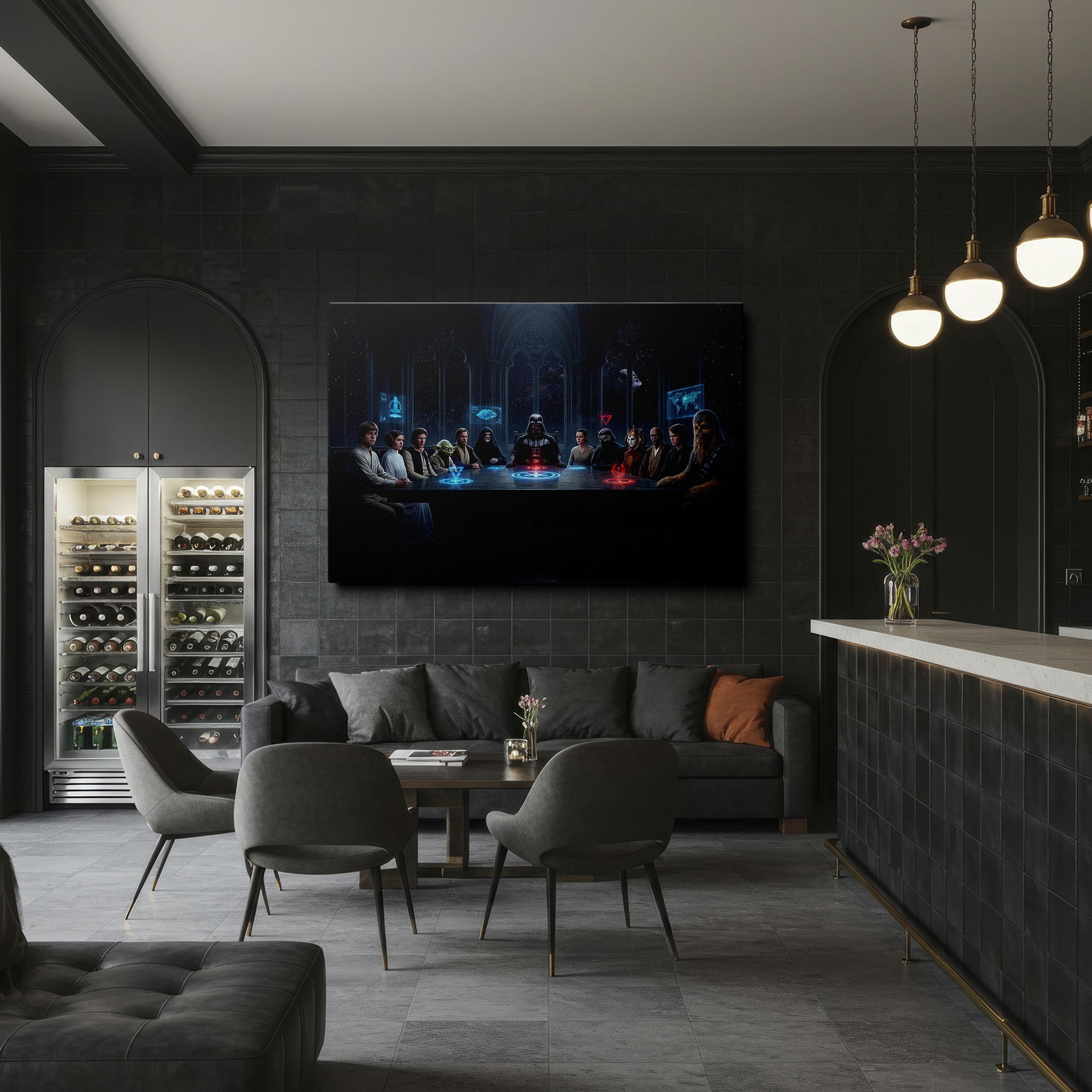 Intriguing Star Wars wall art featuring characters like Luke, Vader, and Rey in a uniquely designed gothic meeting room.