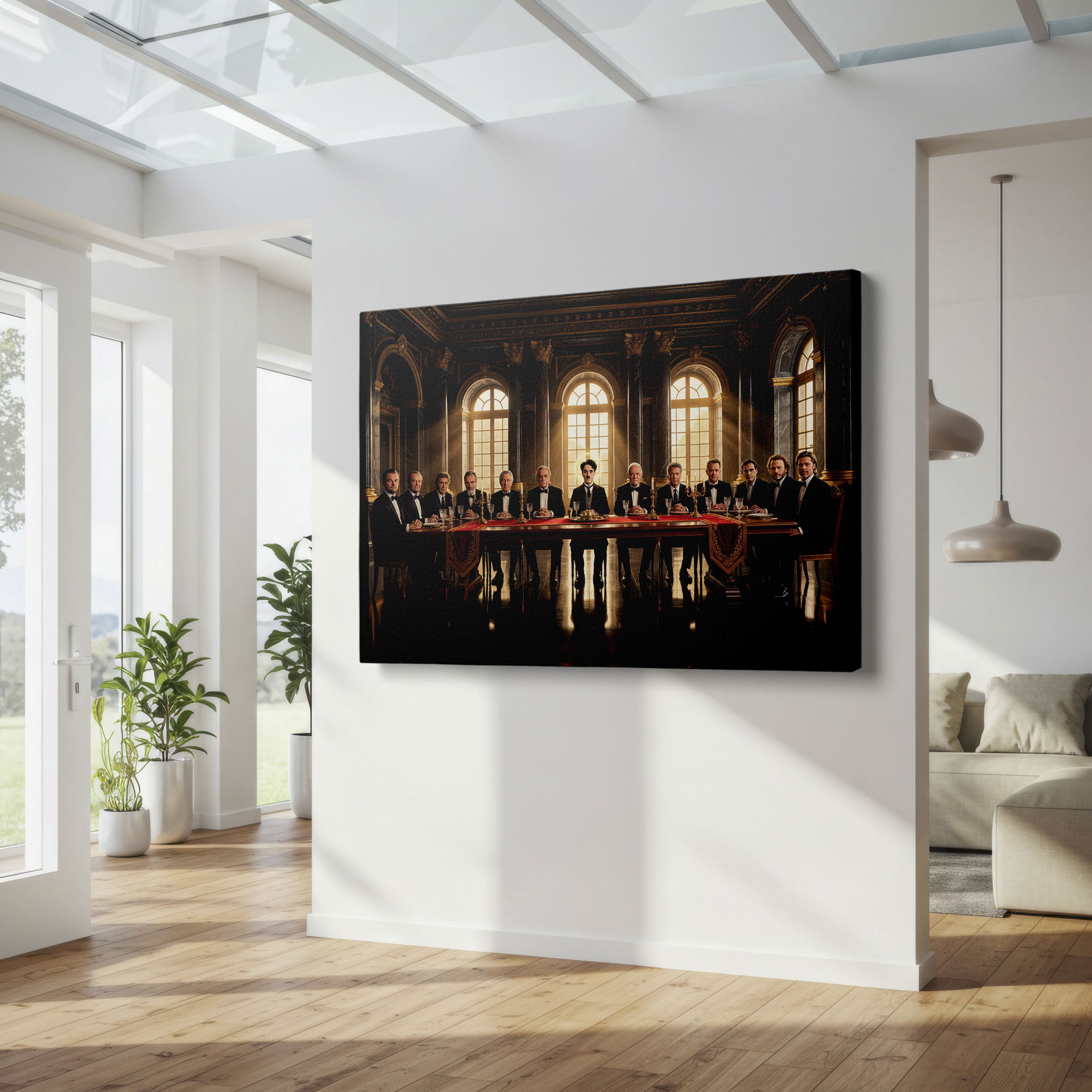 An exquisite Wrapped Canvas shows famous actors at a grand dinner in an opulent setting; great addition to any room.