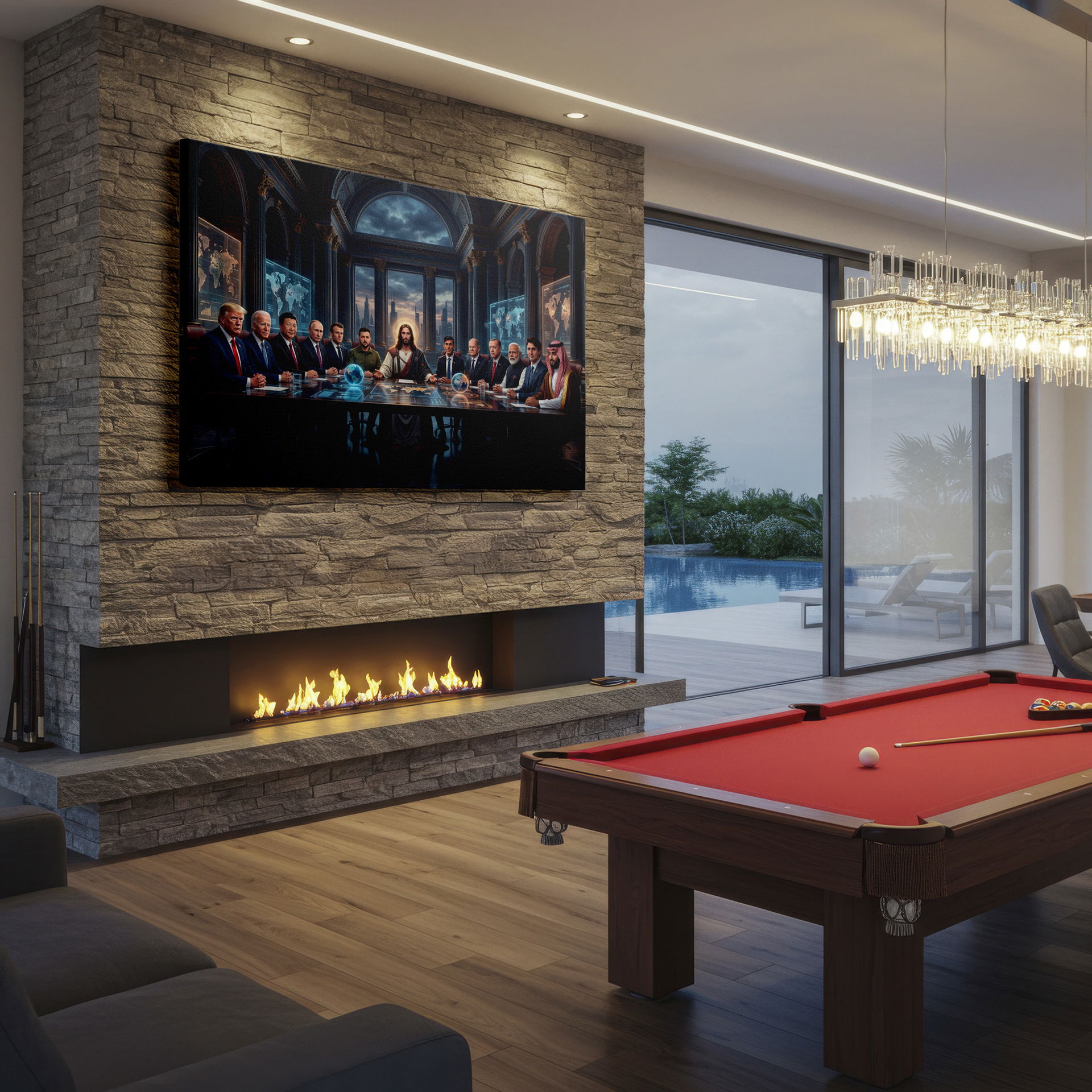 Contemporary wall art displaying a global summit with Jesus Christ.