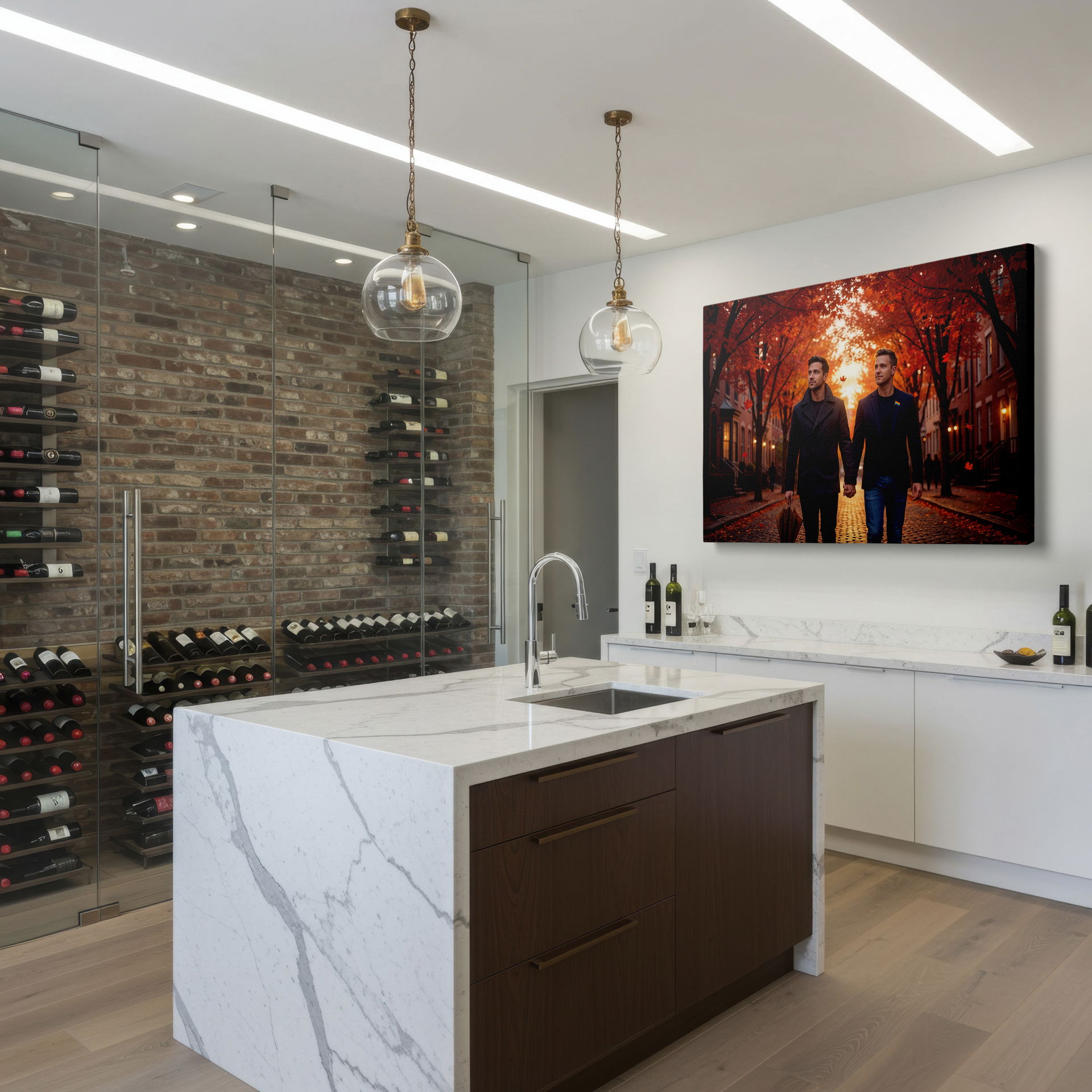 Two men walk beneath a canopy of fall foliage; great wall decor for any room.
