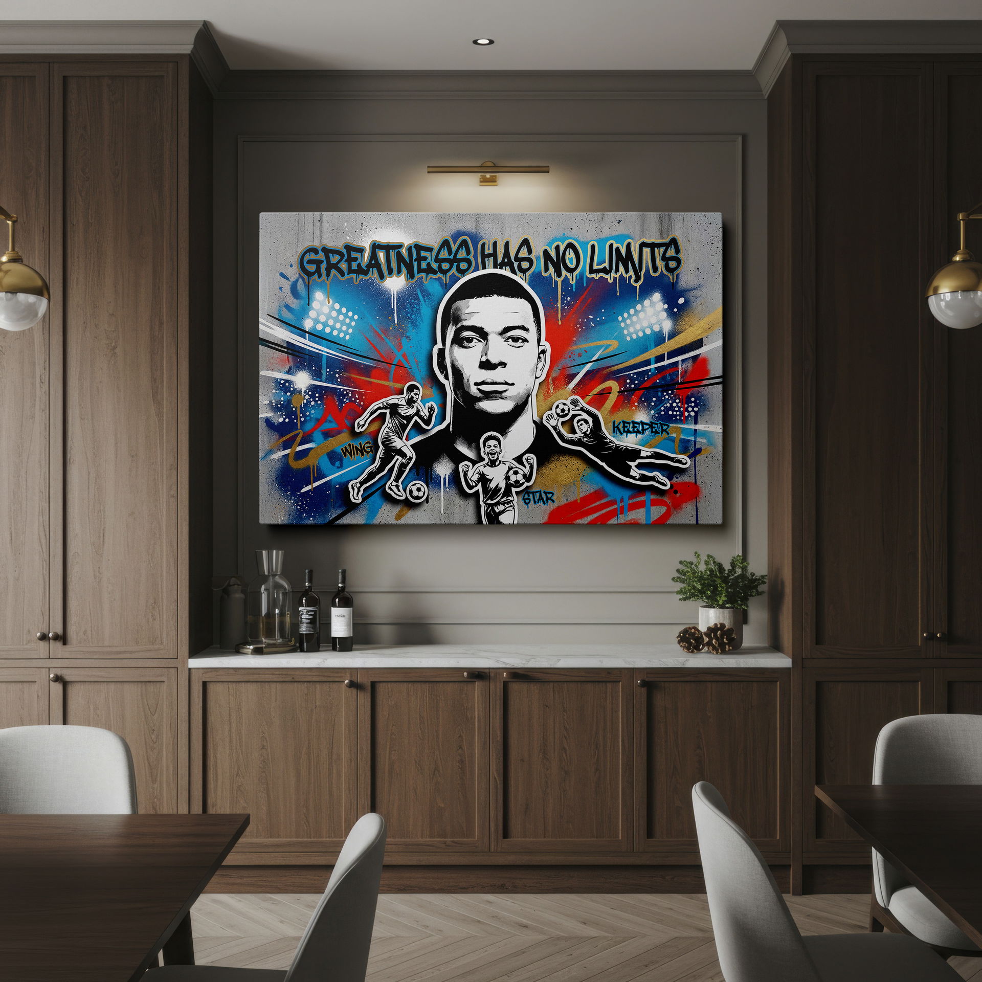Detailed Mbappé graffiti art with soccer themes, great for adding energy to a Wrapped Canvas.